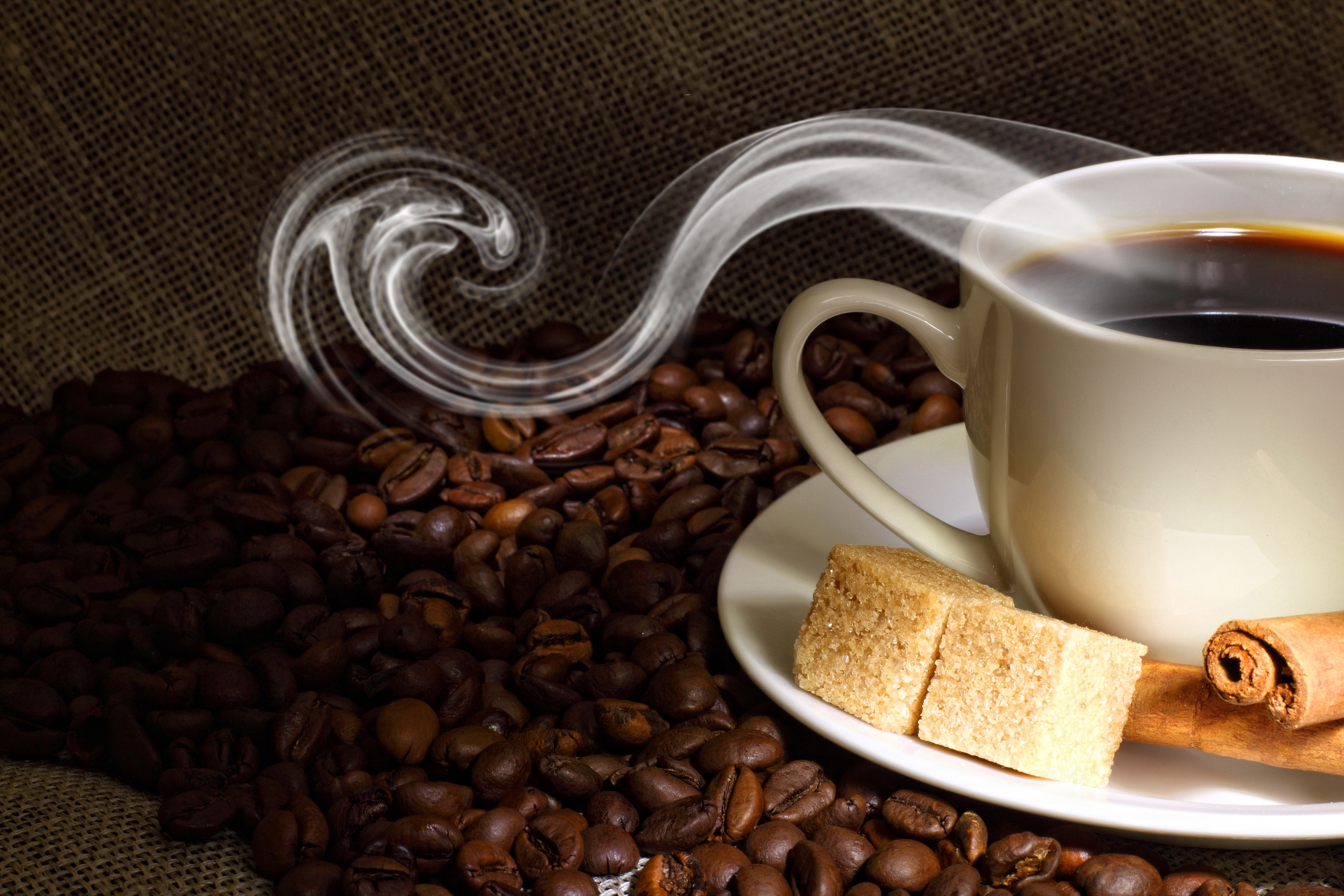 Coffee beans with cup, sugar cubes, and cinnamon HD Wallpaper