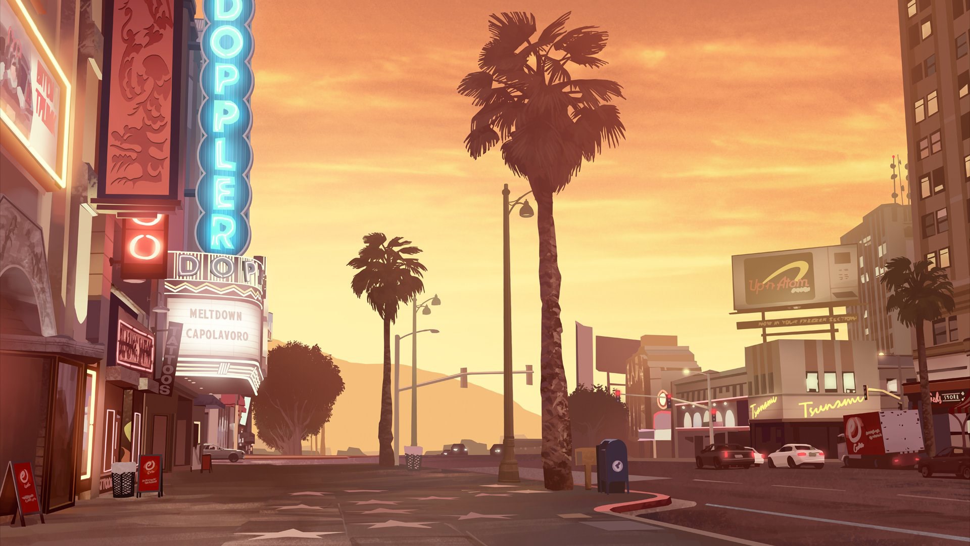 Grand Theft Auto V street scene at sunset HD Wallpaper