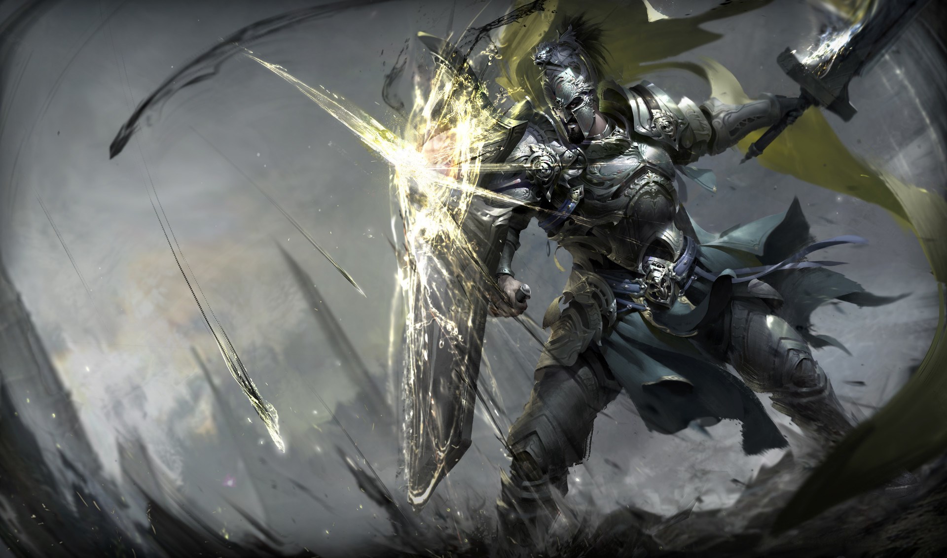 Knight in shining armor deflecting projectiles HD Wallpaper