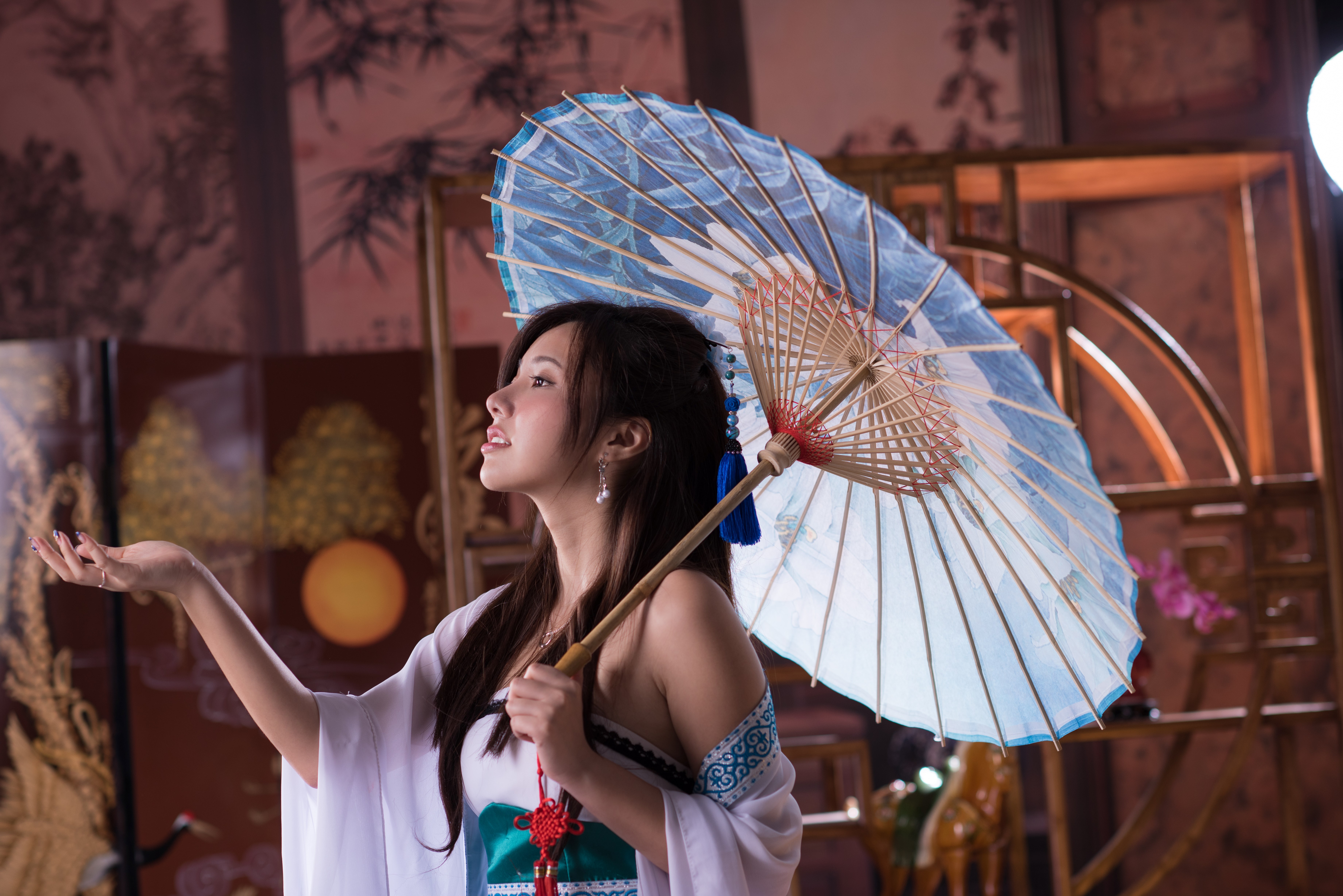 Woman in traditional Chinese dress holding an umbrella HD Wallpaper