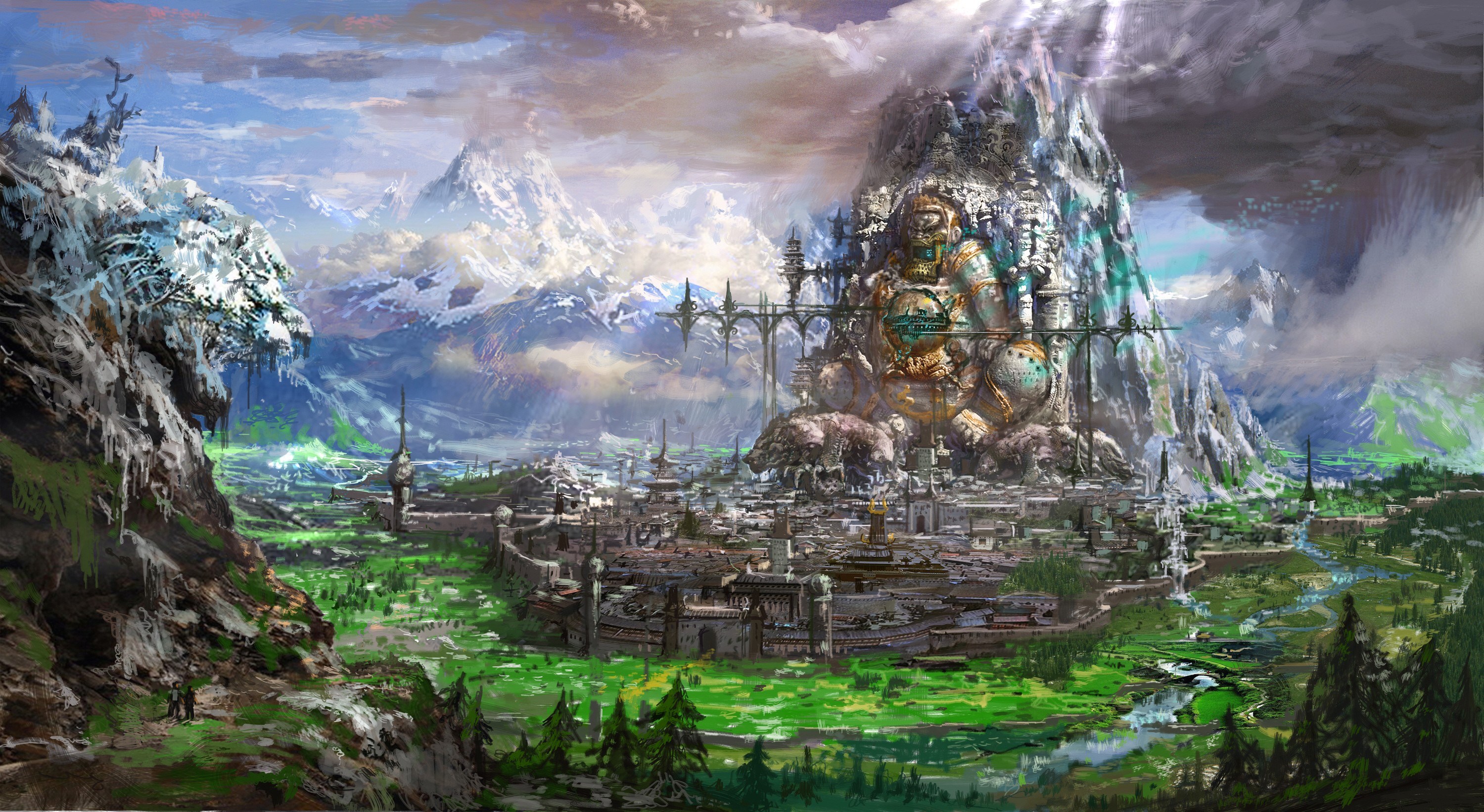 Fantasy city built into a mountain with a giant statue in Blade & Soul HD Wallpaper