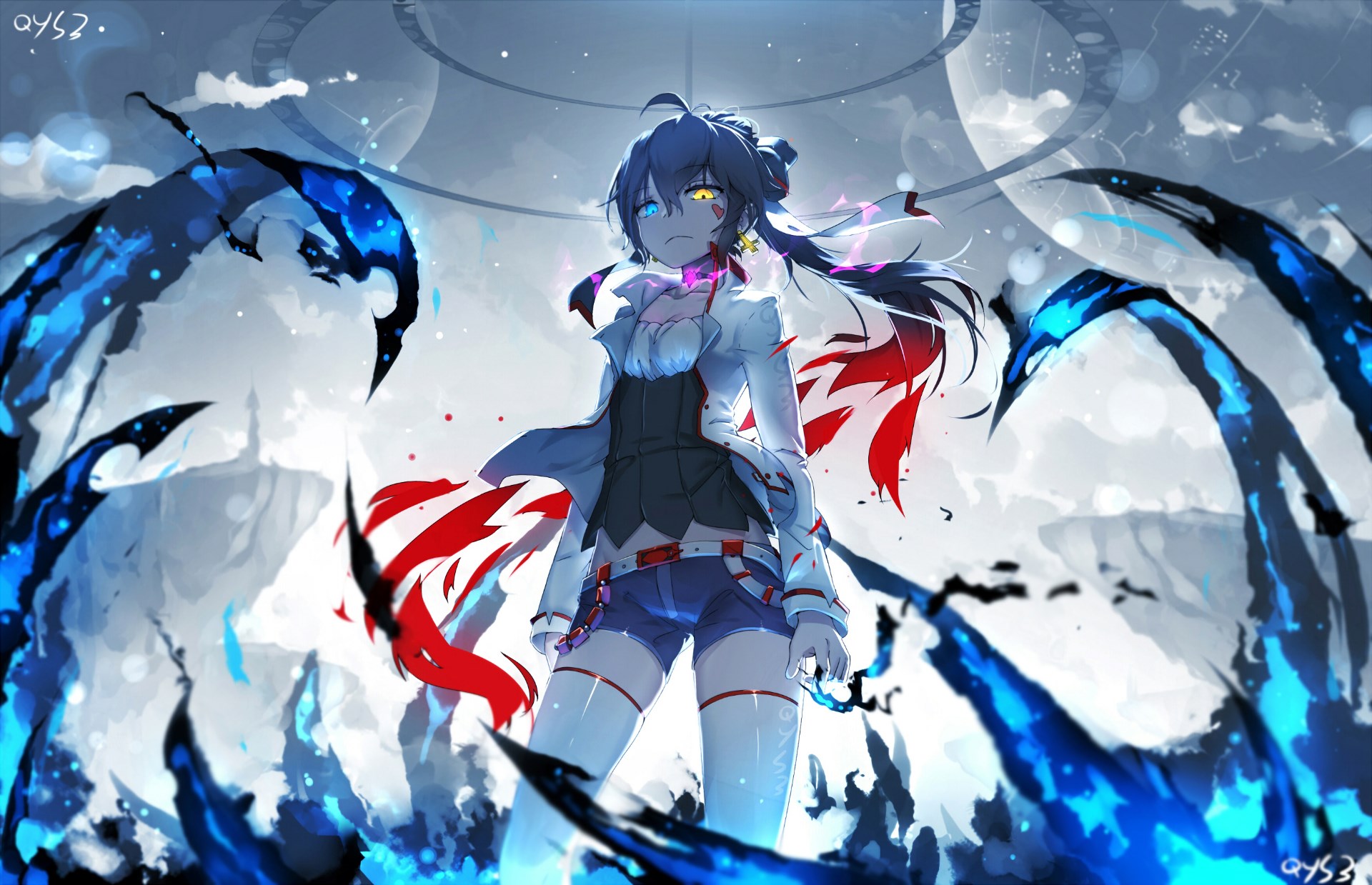 Anime girl with blue and red energy HD Wallpaper