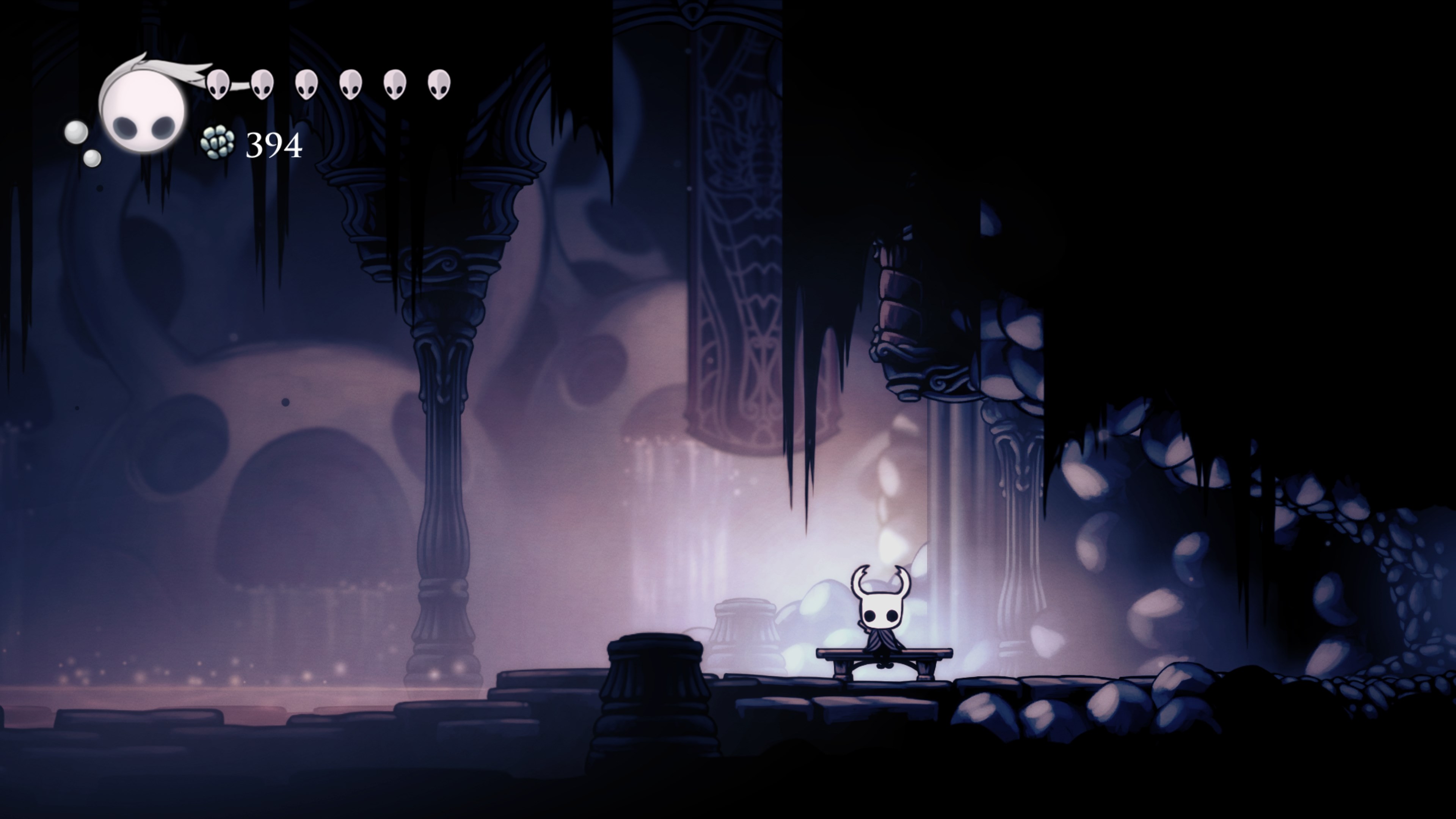 The Knight from Hollow Knight sitting on a bench HD Wallpaper