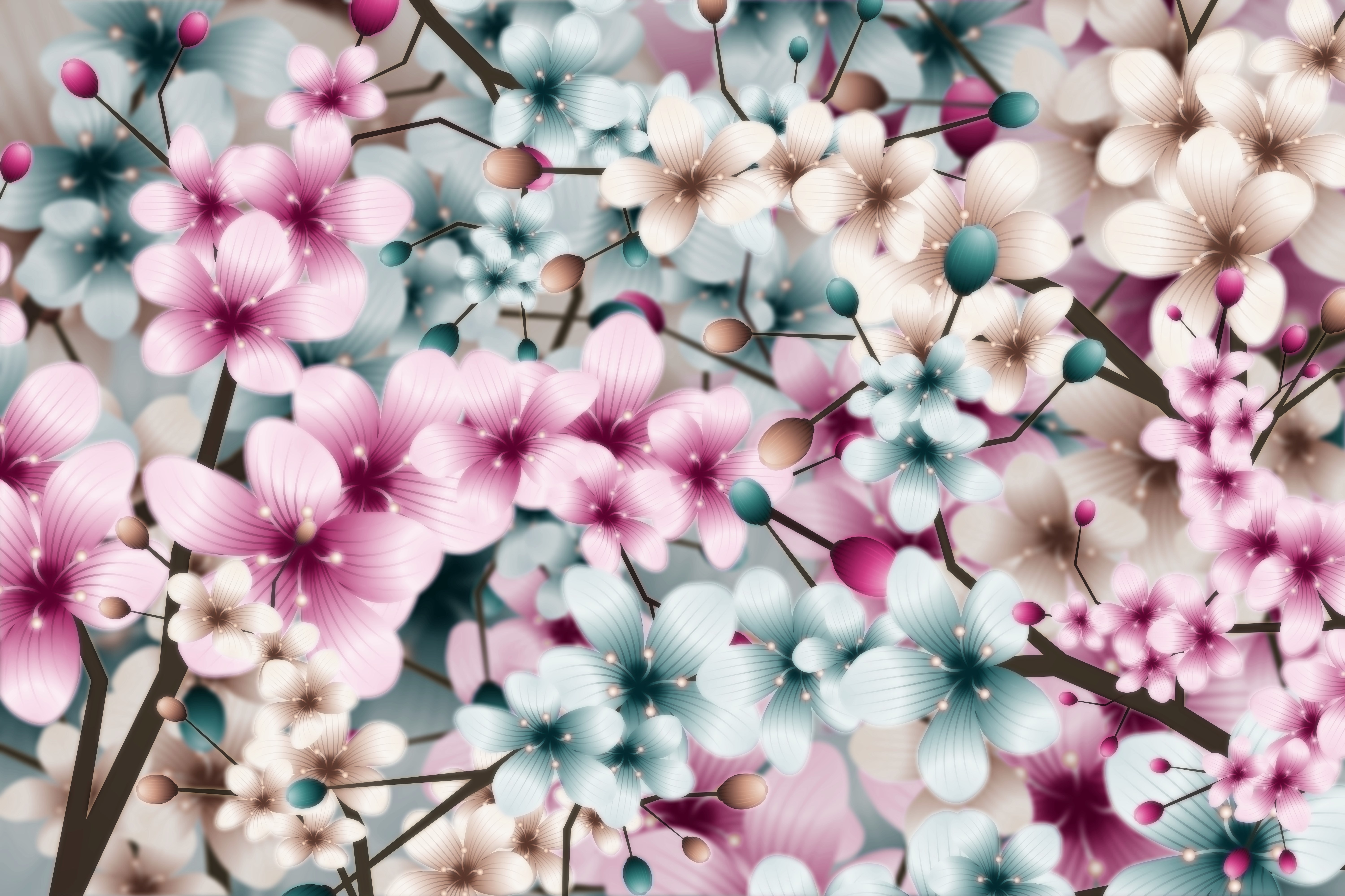 Pink and blue cherry blossoms with branches HD Wallpaper