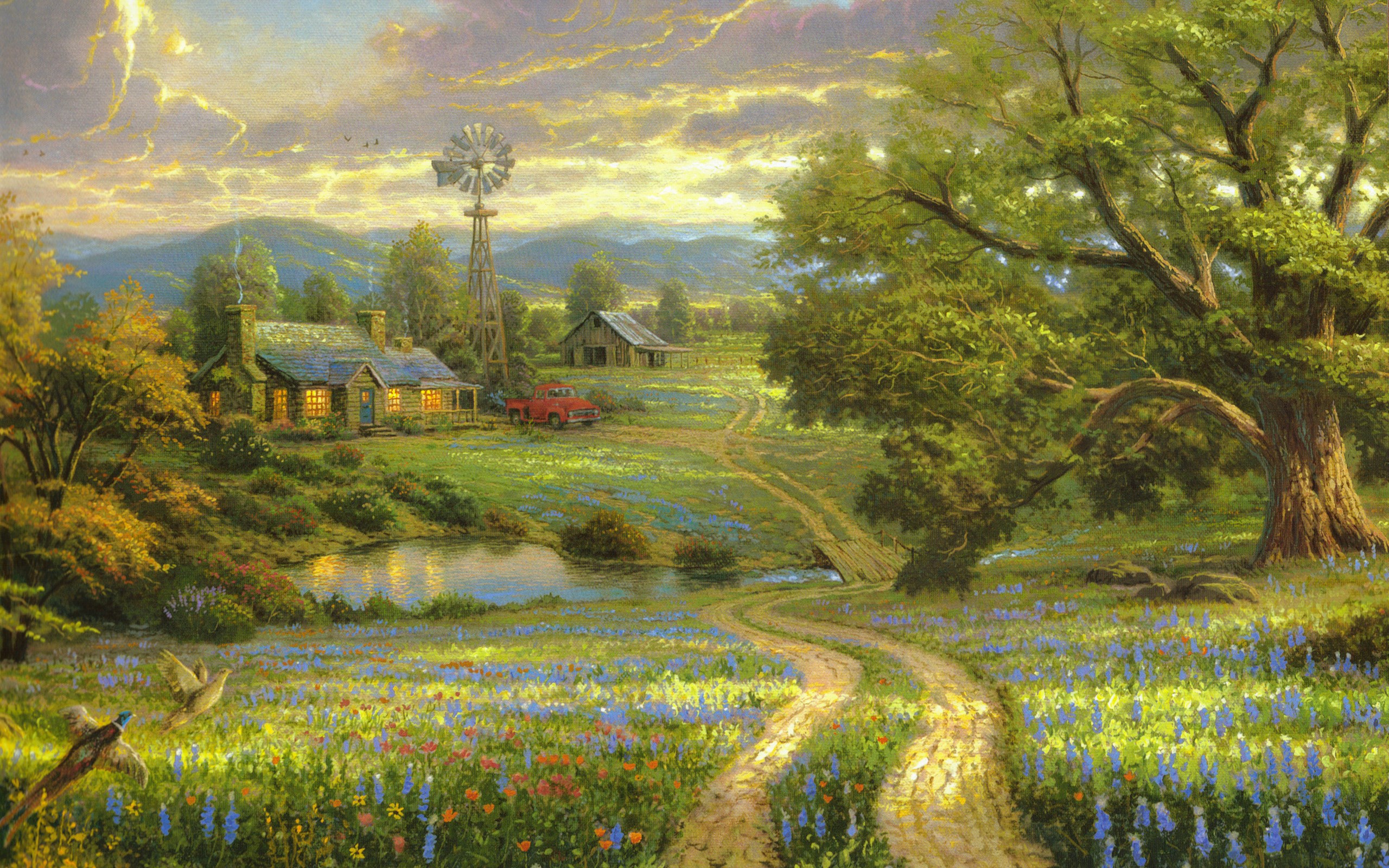 Pastoral landscape painting with farmhouse and windmill HD Wallpaper