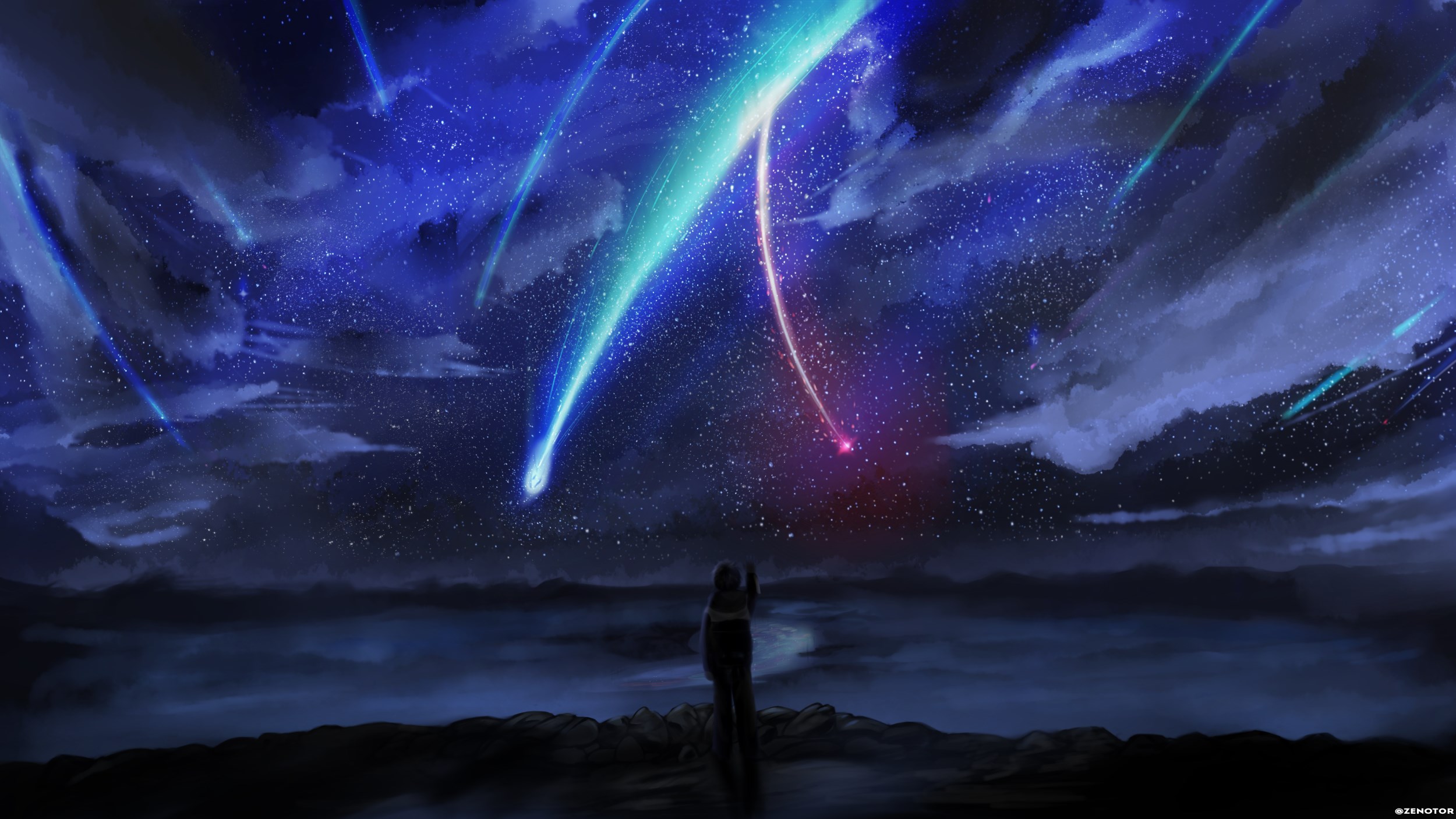 Your Name Silhouetted Couple Watching Meteor Shower HD Wallpaper