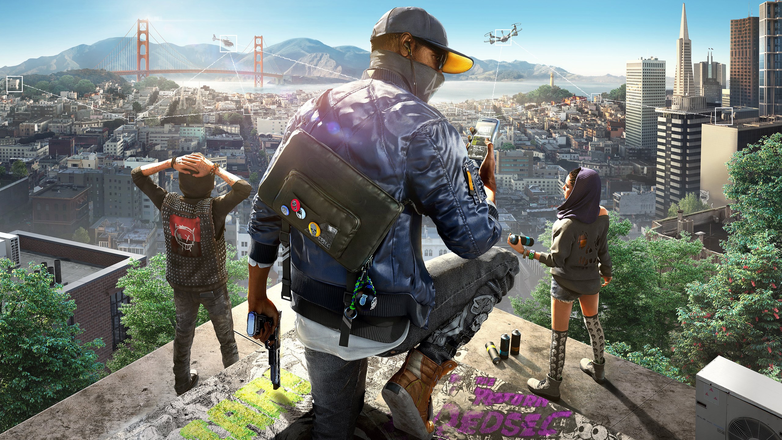Watch Dogs 2 game characters overlooking San Francisco HD Wallpaper