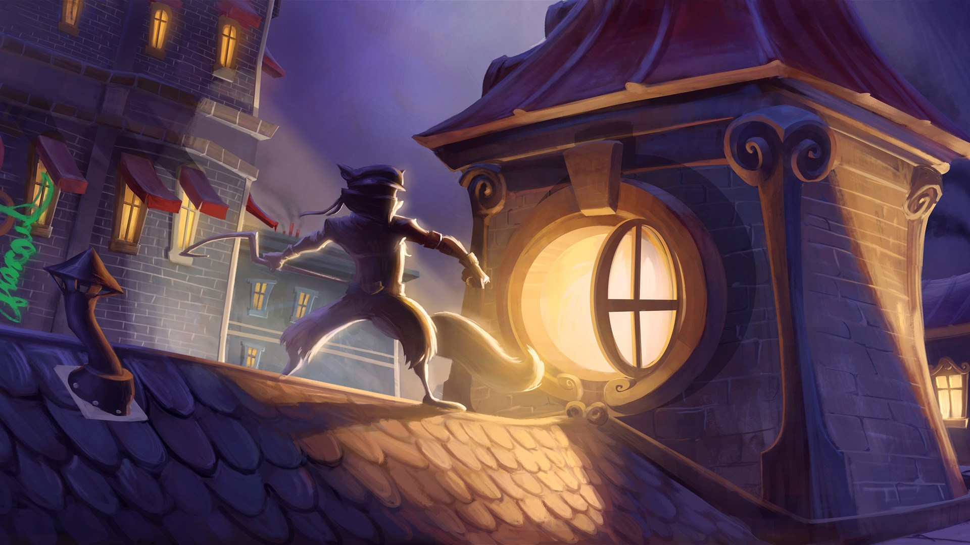 Sly Cooper from Sly Cooper: Thieves in Time on rooftops HD Wallpaper