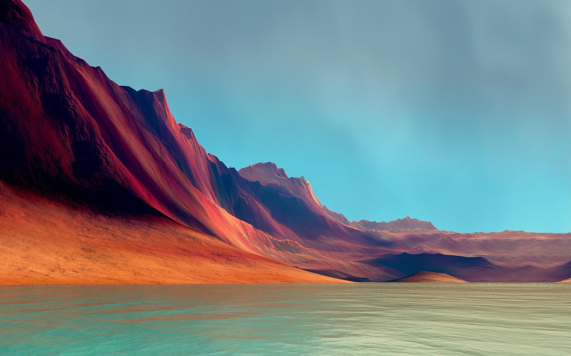Red mountains by the water under a blue sky HD Wallpaper