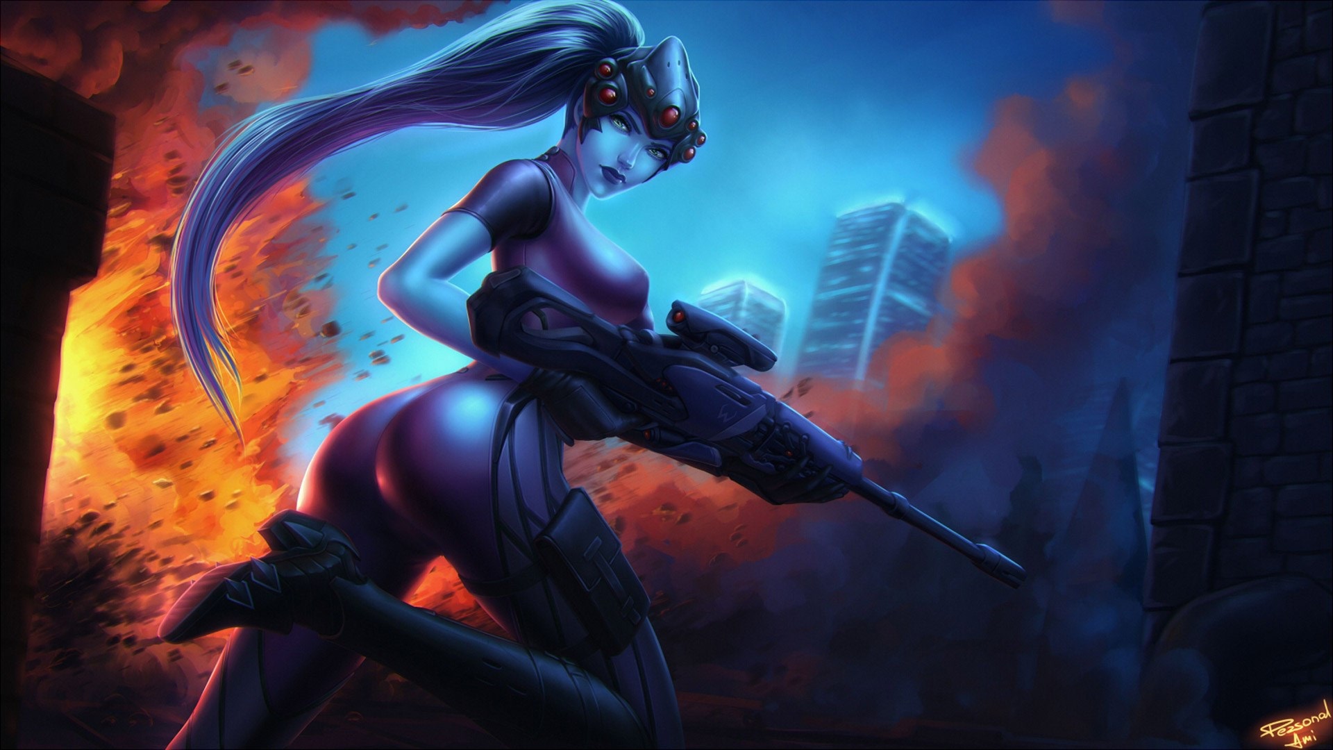Widowmaker from Overwatch in a burning city HD Wallpaper