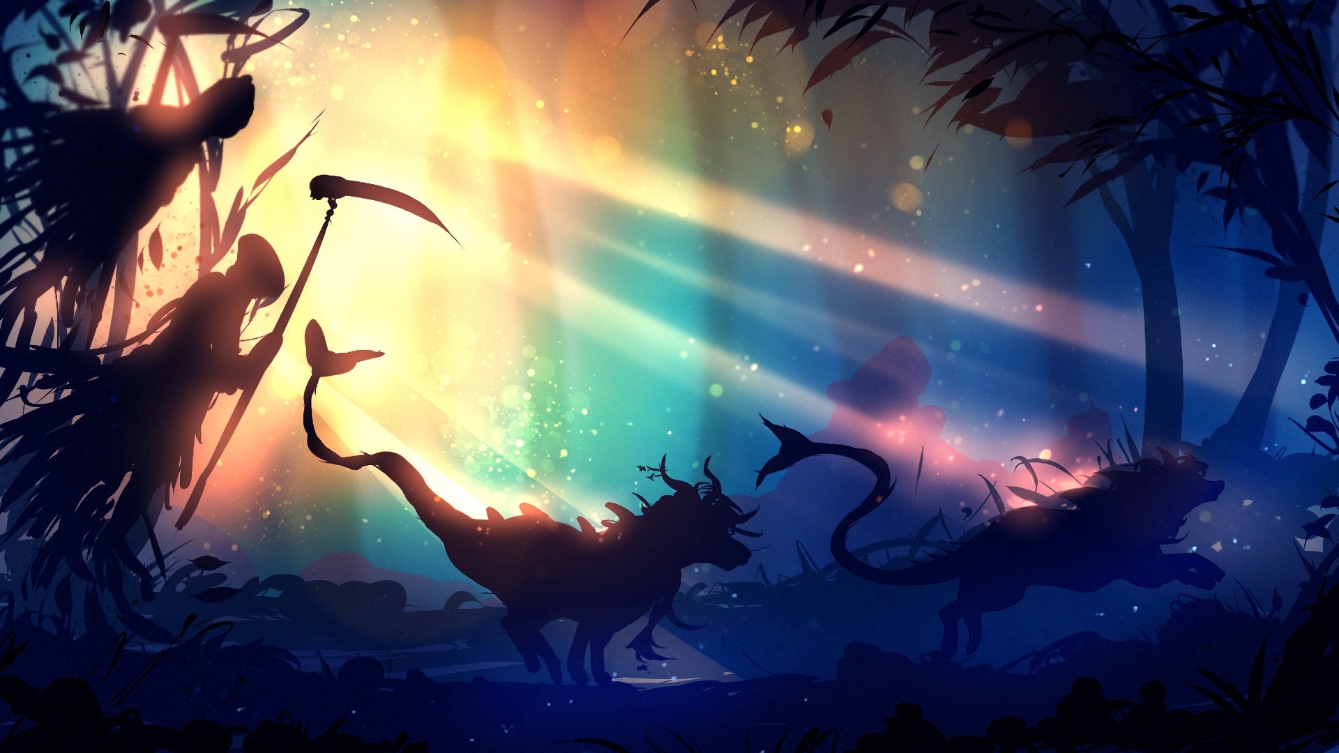 Fantasy scene with Grim Reaper and mythical creatures HD Wallpaper