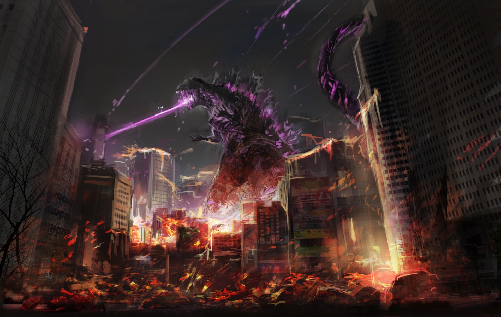 Godzilla Rampaging Through a Burning City at Night HD Wallpaper