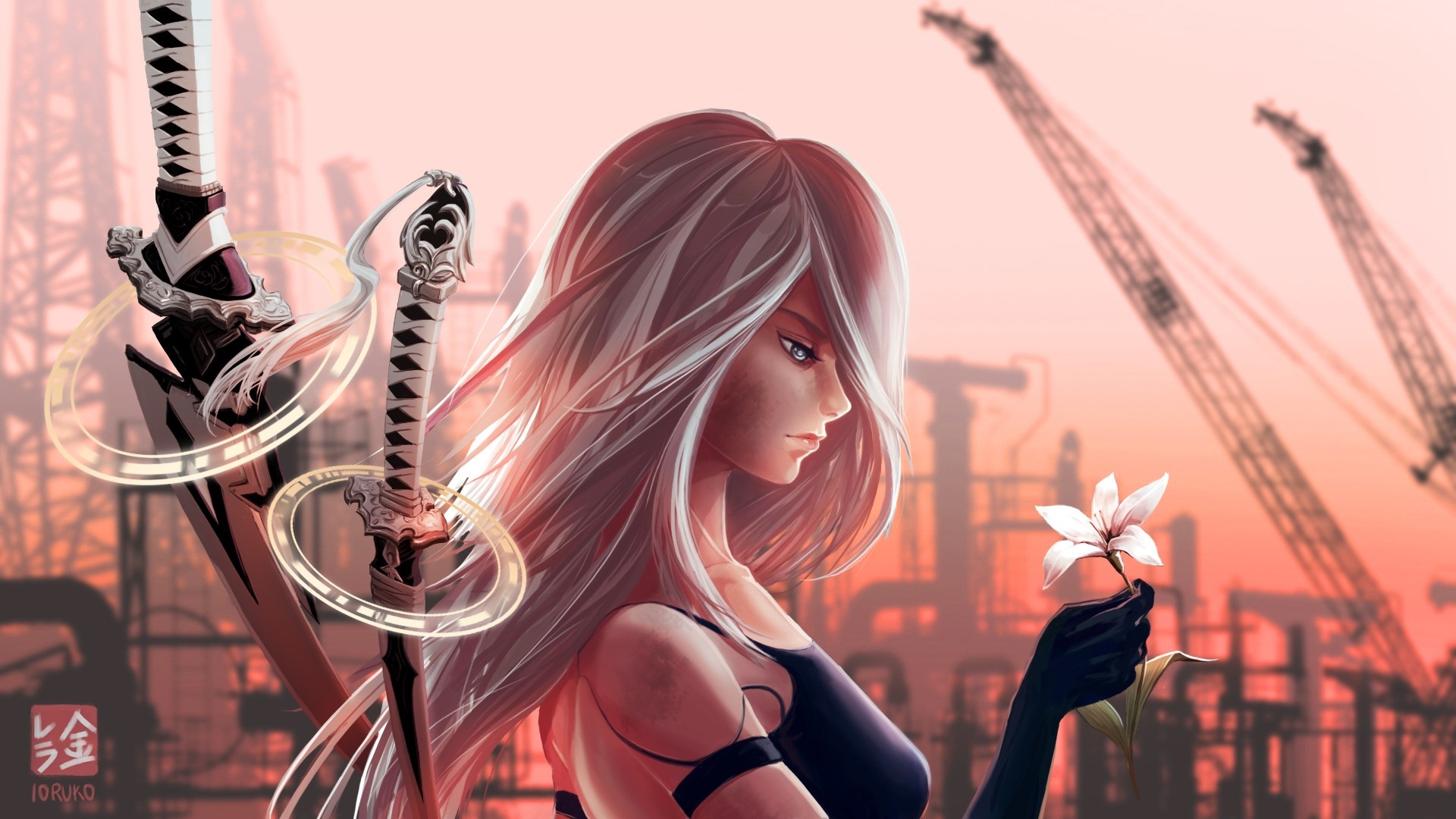 2B from Nier: Automata with swords and flower HD Wallpaper