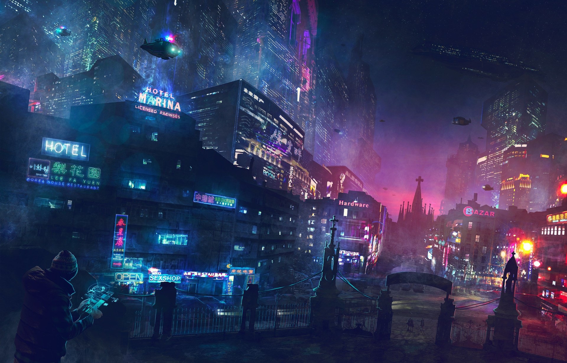 Futuristic Cityscape with Neon Signs and Flying Vehicles HD Wallpaper