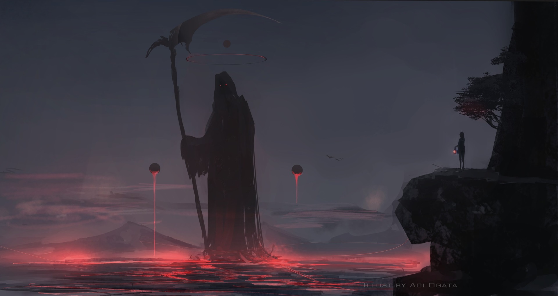 Grim Reaper in a dark, ethereal landscape HD Wallpaper