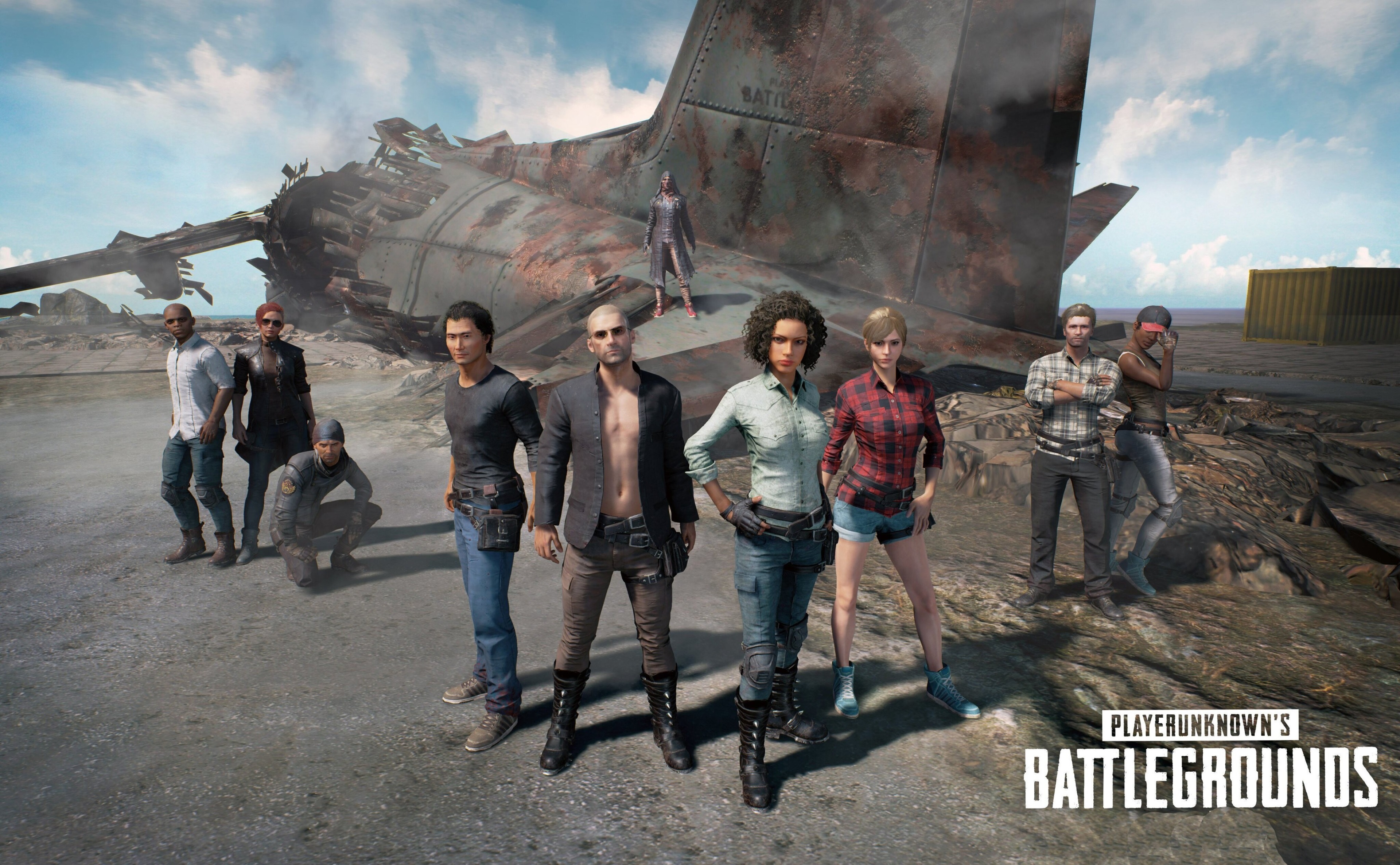 PlayerUnknown's Battlegrounds characters in front of a crashed plane HD Wallpaper