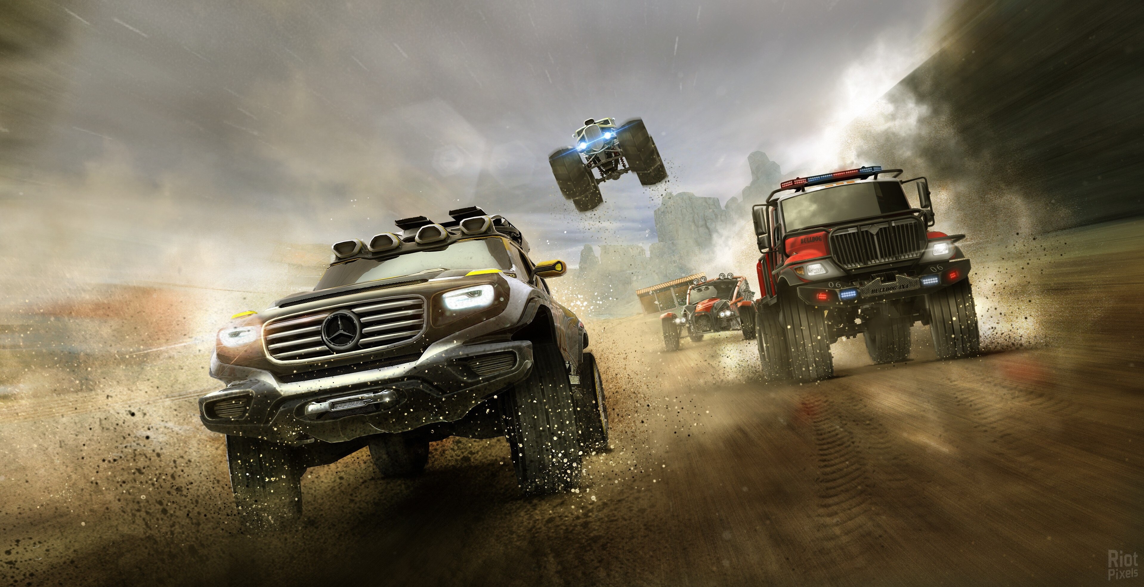 Off-road vehicles racing in a dusty landscape 4K HD Wallpaper