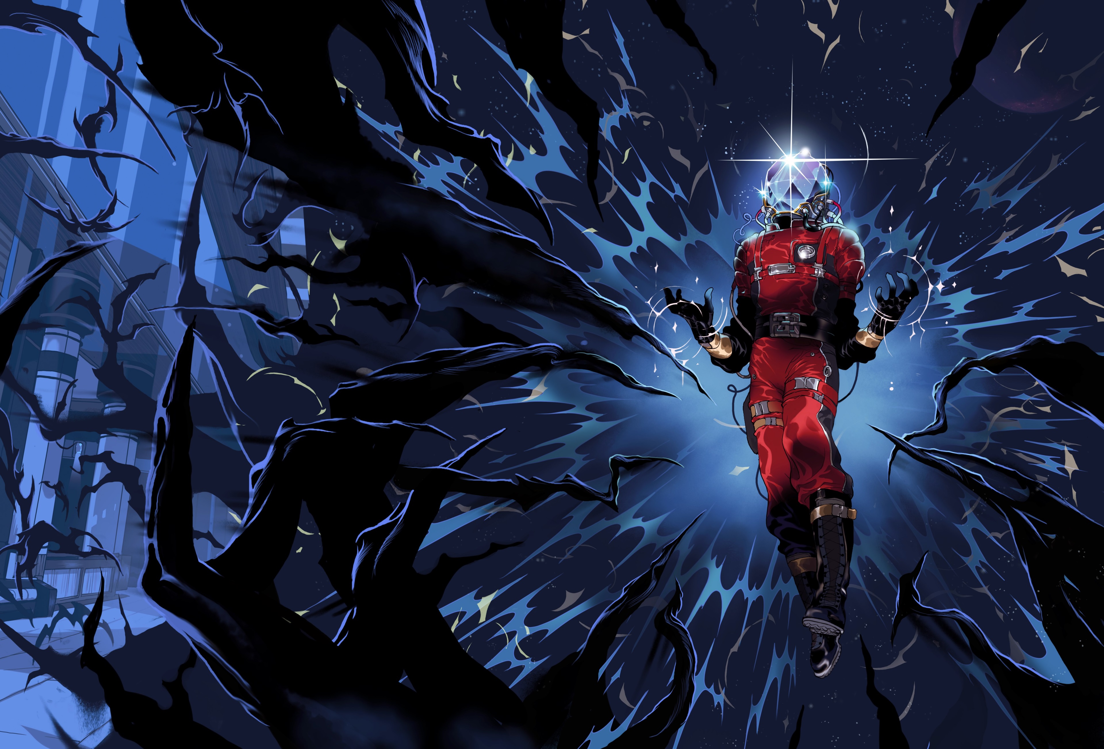 Astronaut in red suit surrounded by dark tendrils HD Wallpaper
