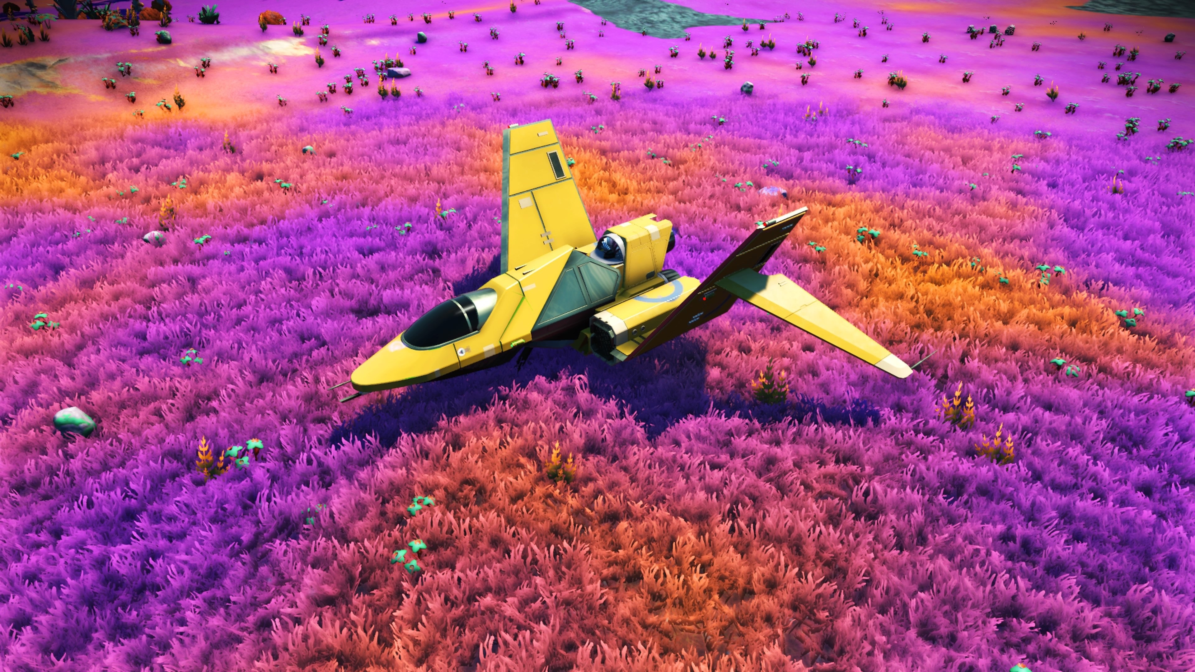 Yellow spaceship flying over alien planet in No Man's Sky 4K HD Wallpaper