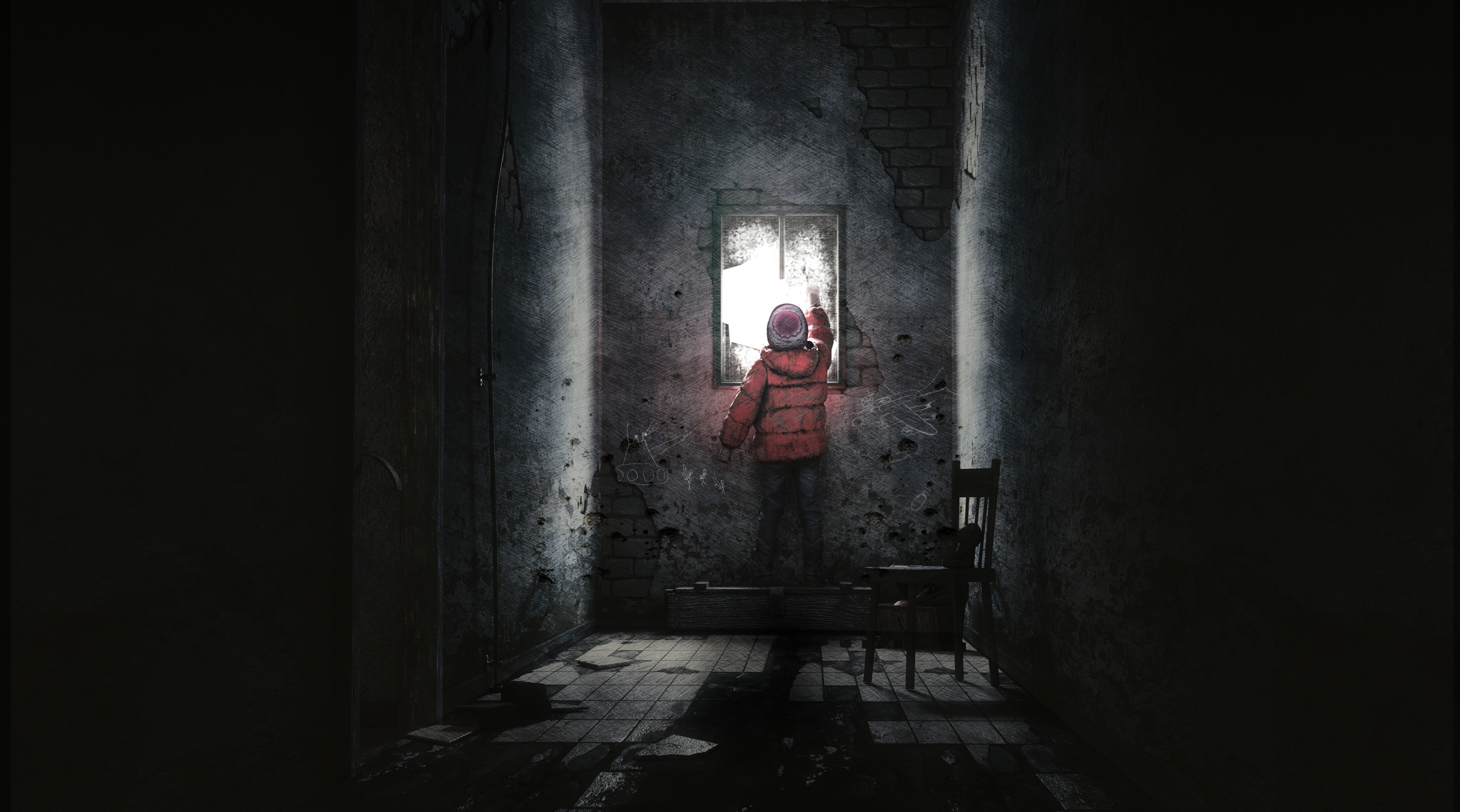 Child looking out a window in This War of Mine 4K HD Wallpaper