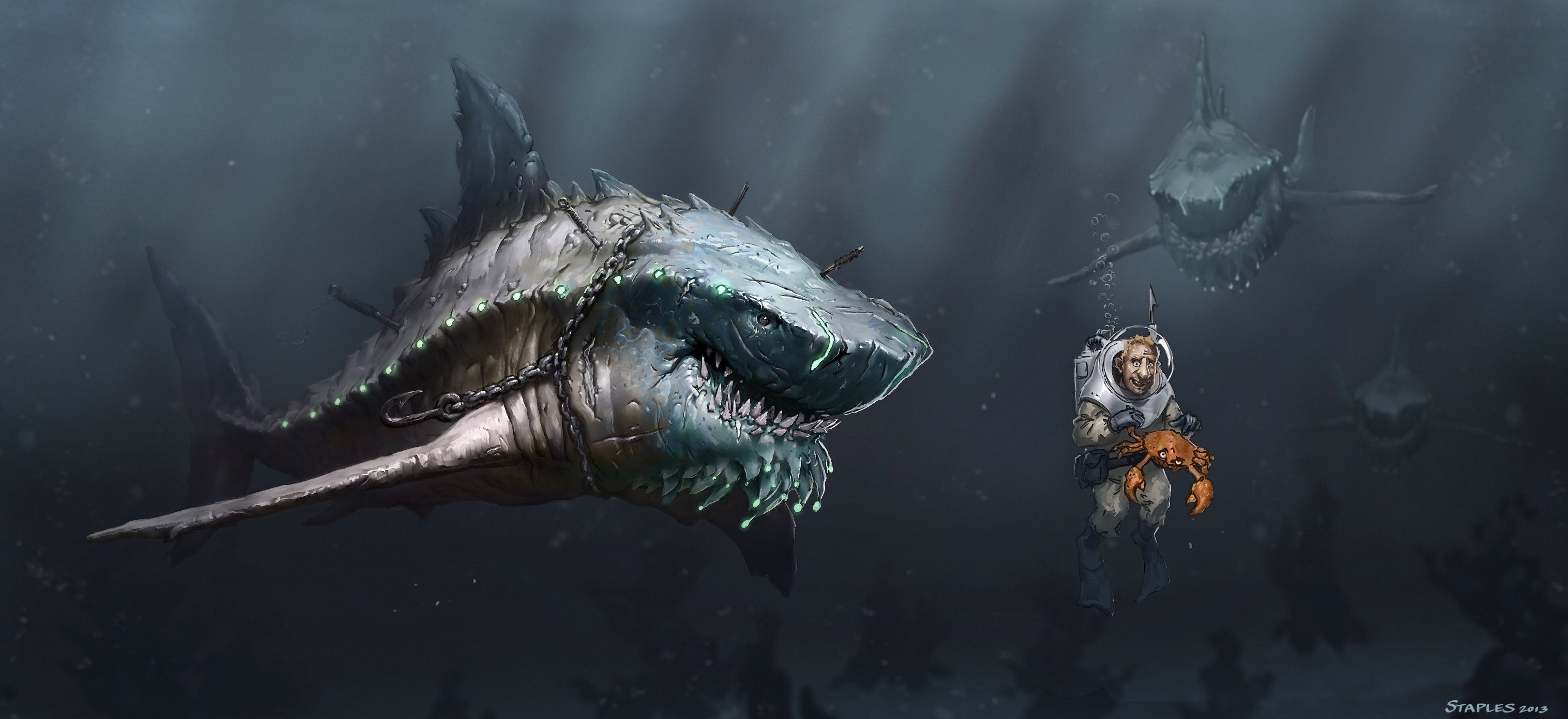 Megalodon and diver with crab HD Wallpaper