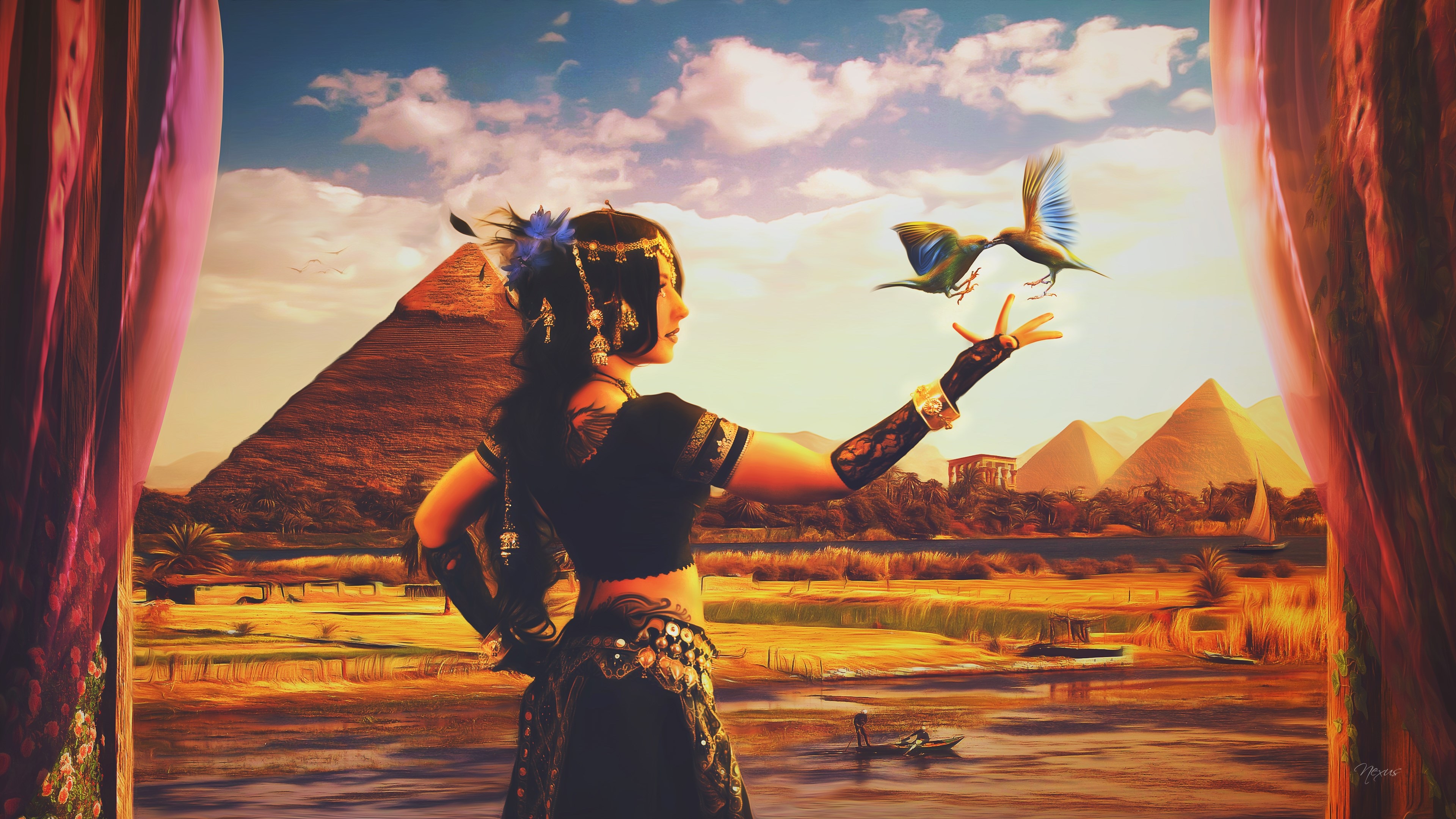 Woman with birds in front of pyramids HD Wallpaper