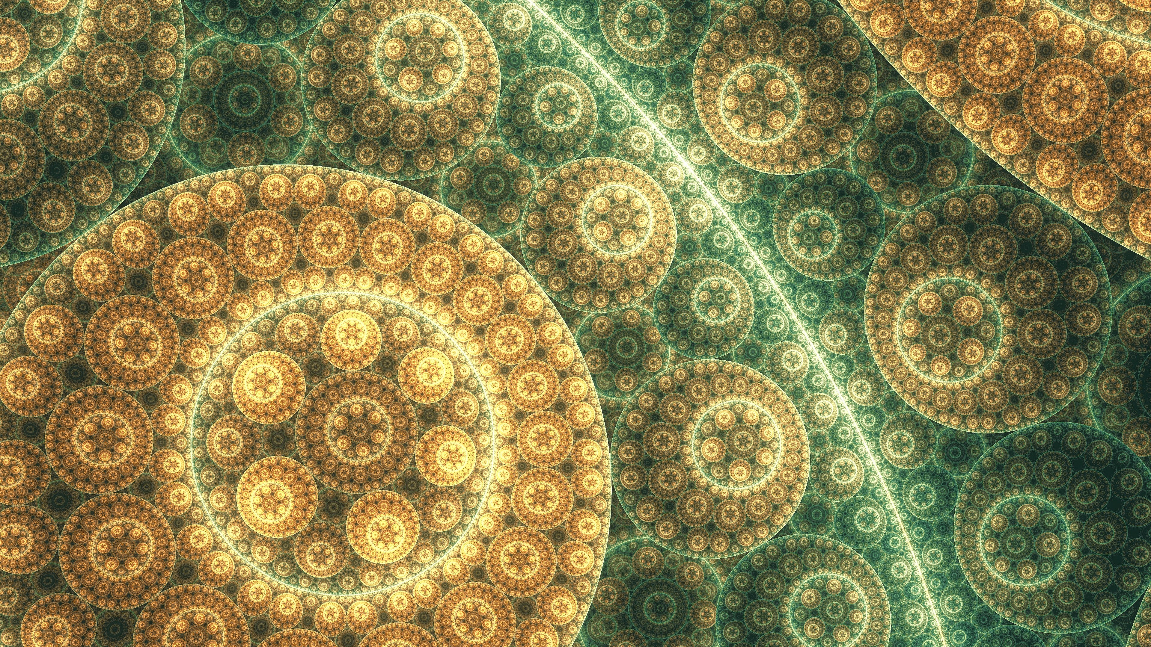 Fractal pattern with golden and green circles 4K HD Wallpaper