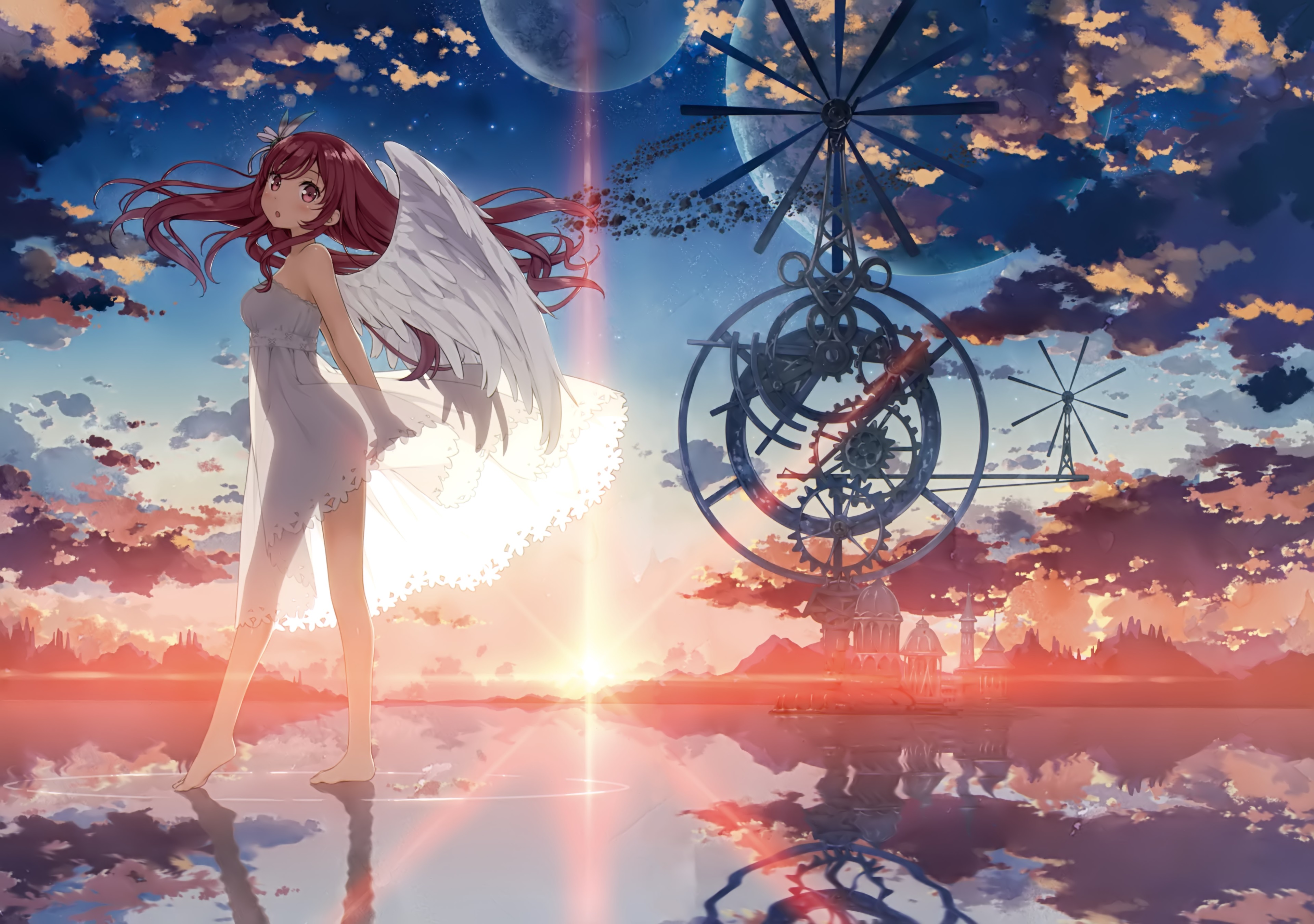 Angel girl with wings and clockwork in sky HD Wallpaper