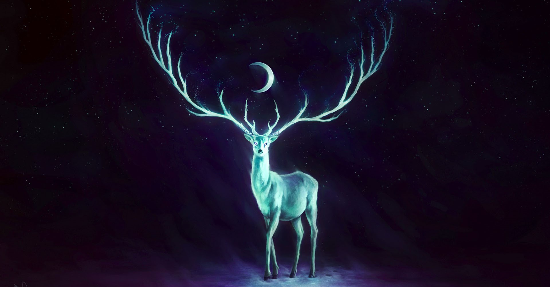 Glowing Fantasy Deer with Moonlit Horns HD Wallpaper