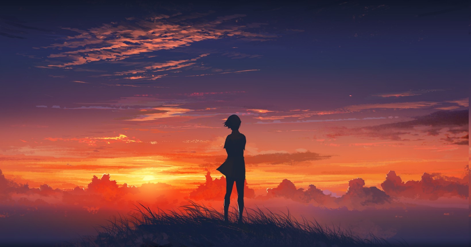 Anime girl silhouette against a vibrant sunset HD Wallpaper
