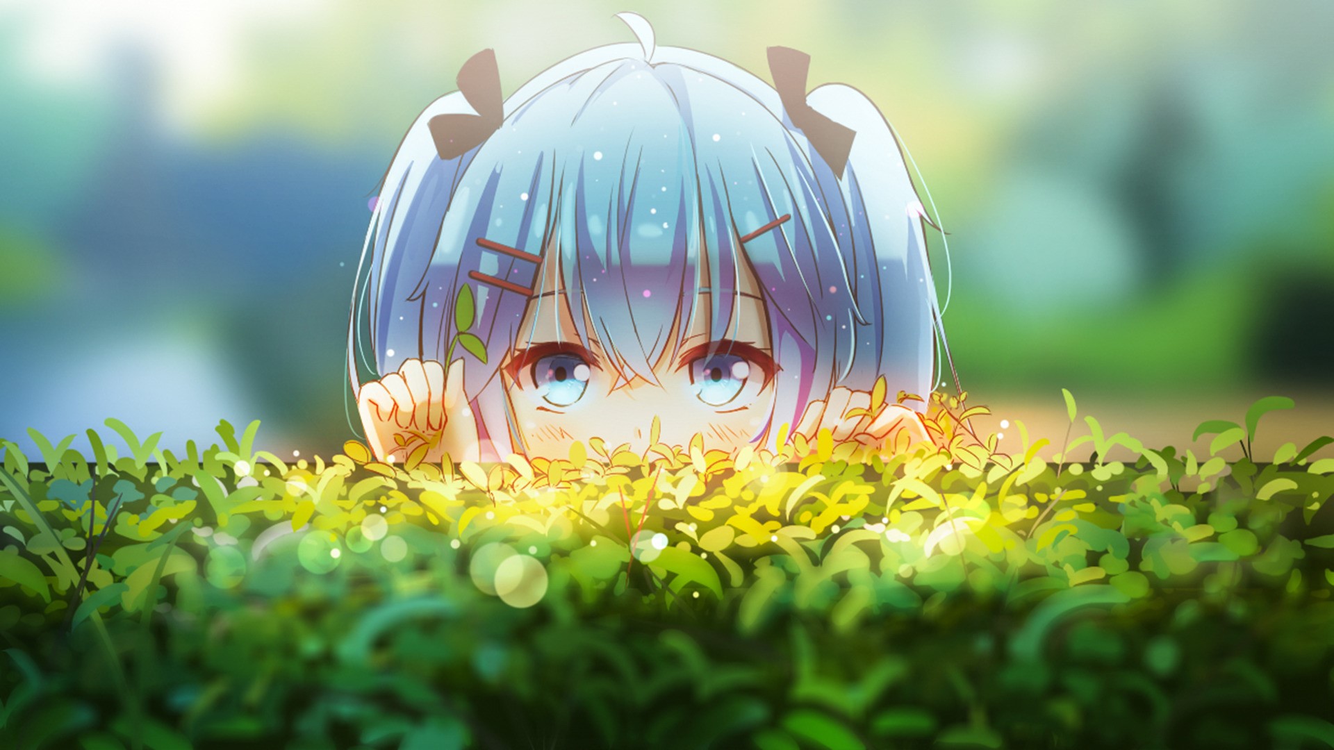 Anime girl with twintails peeking from bushes HD Wallpaper