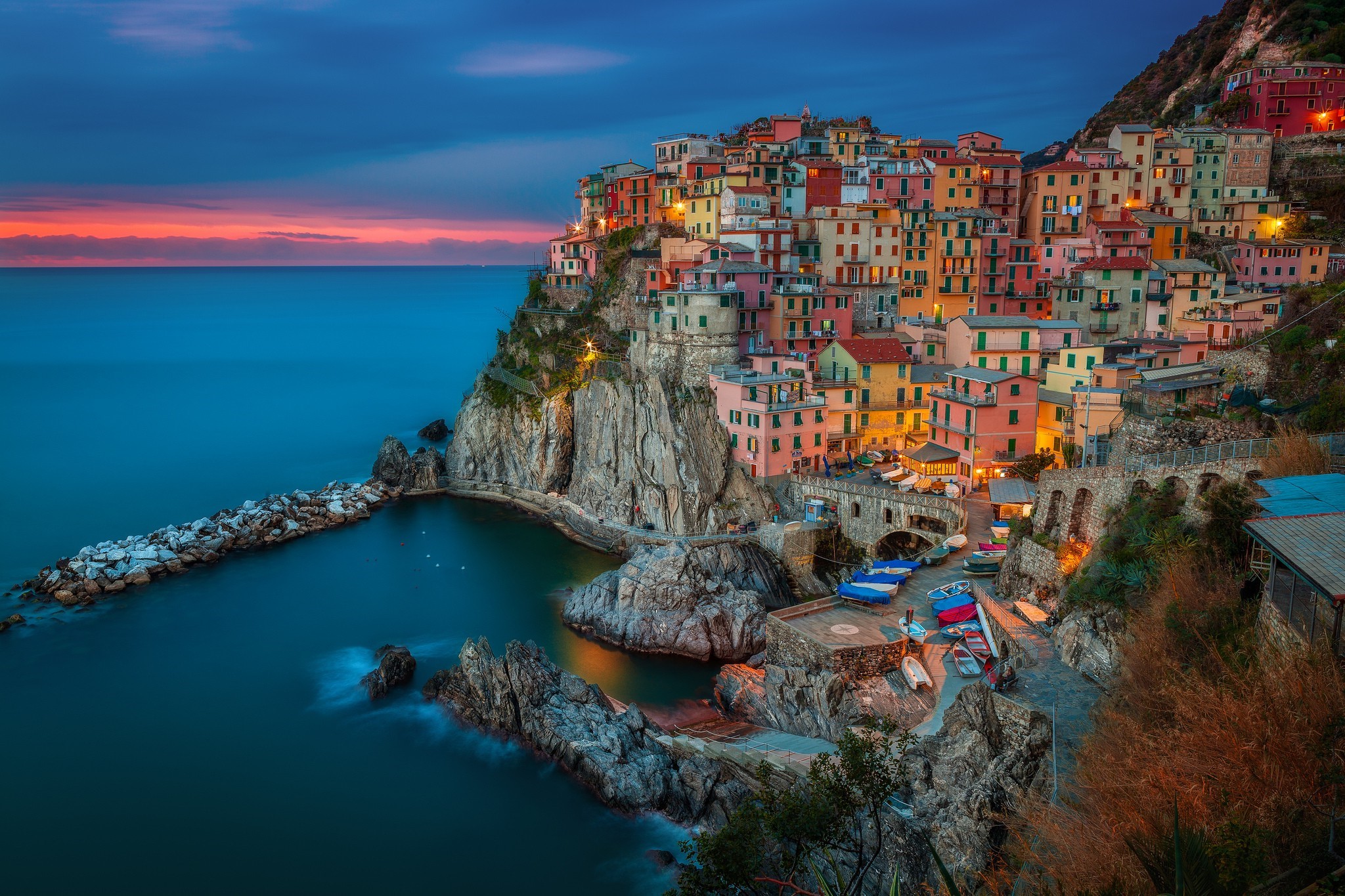 Colorful Coastal Village of Manarola at Dusk HD Wallpaper