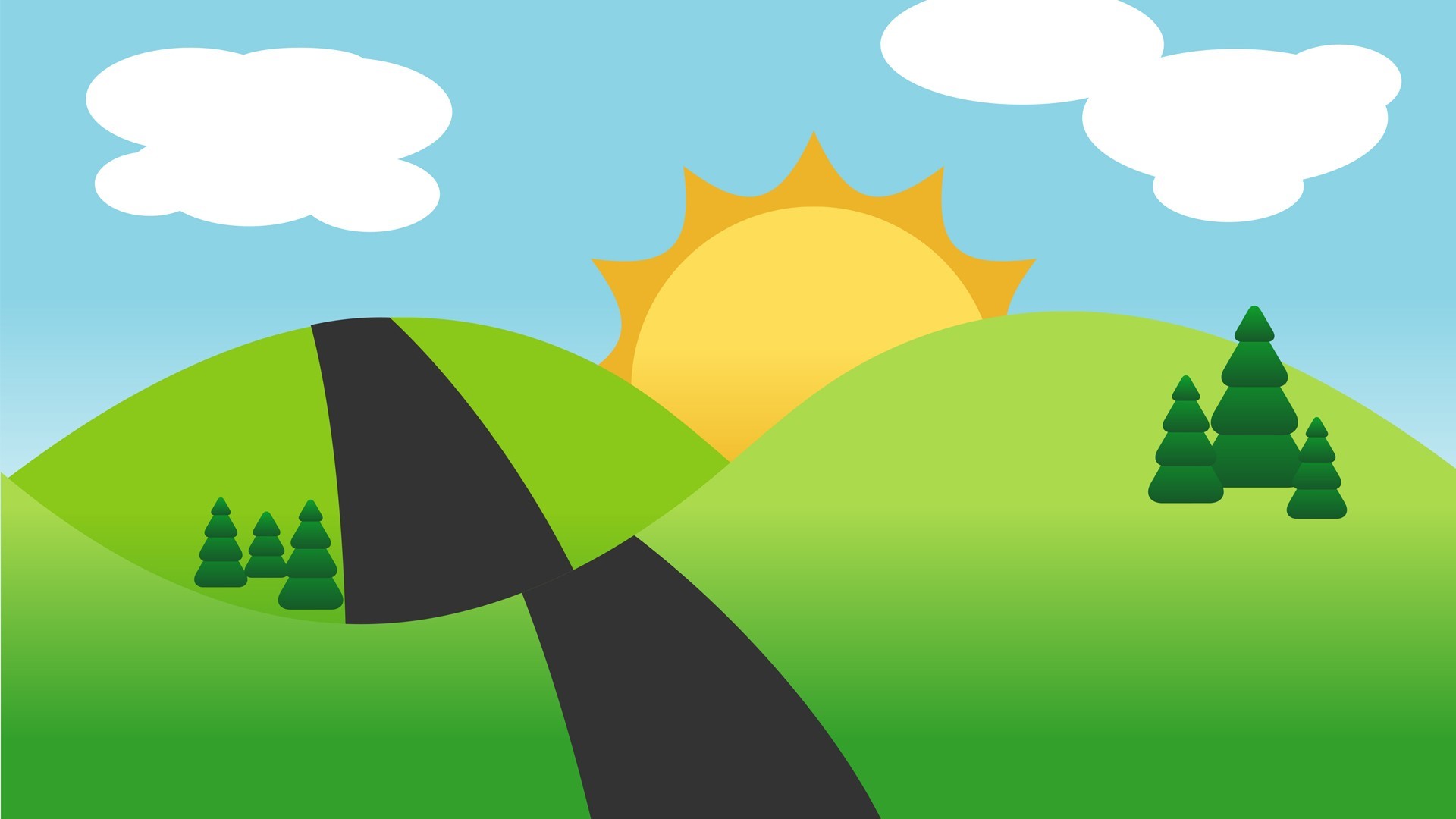 Minimalist landscape with sun, clouds, hills, and road HD Wallpaper