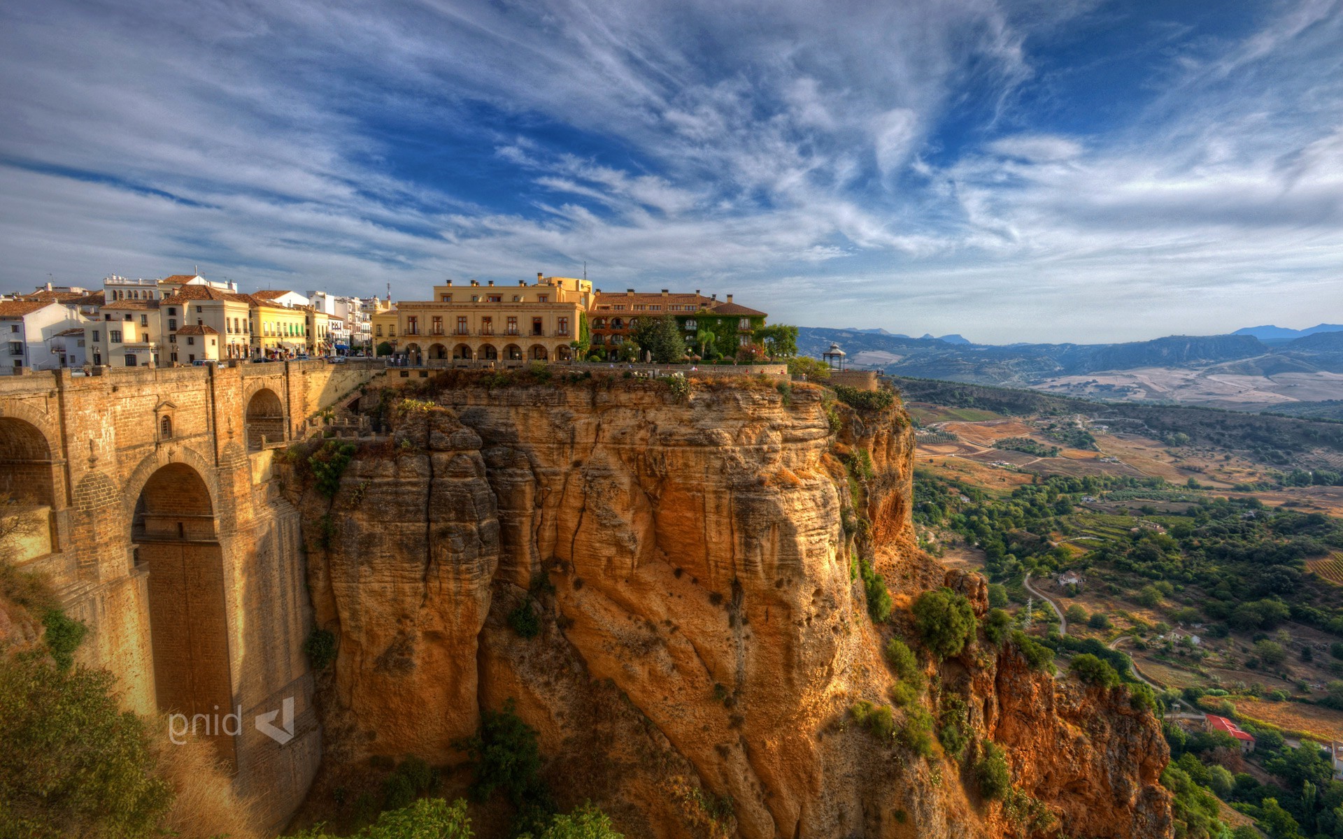 Historic Spanish Town on Cliffside with Scenic Landscape HD Wallpaper