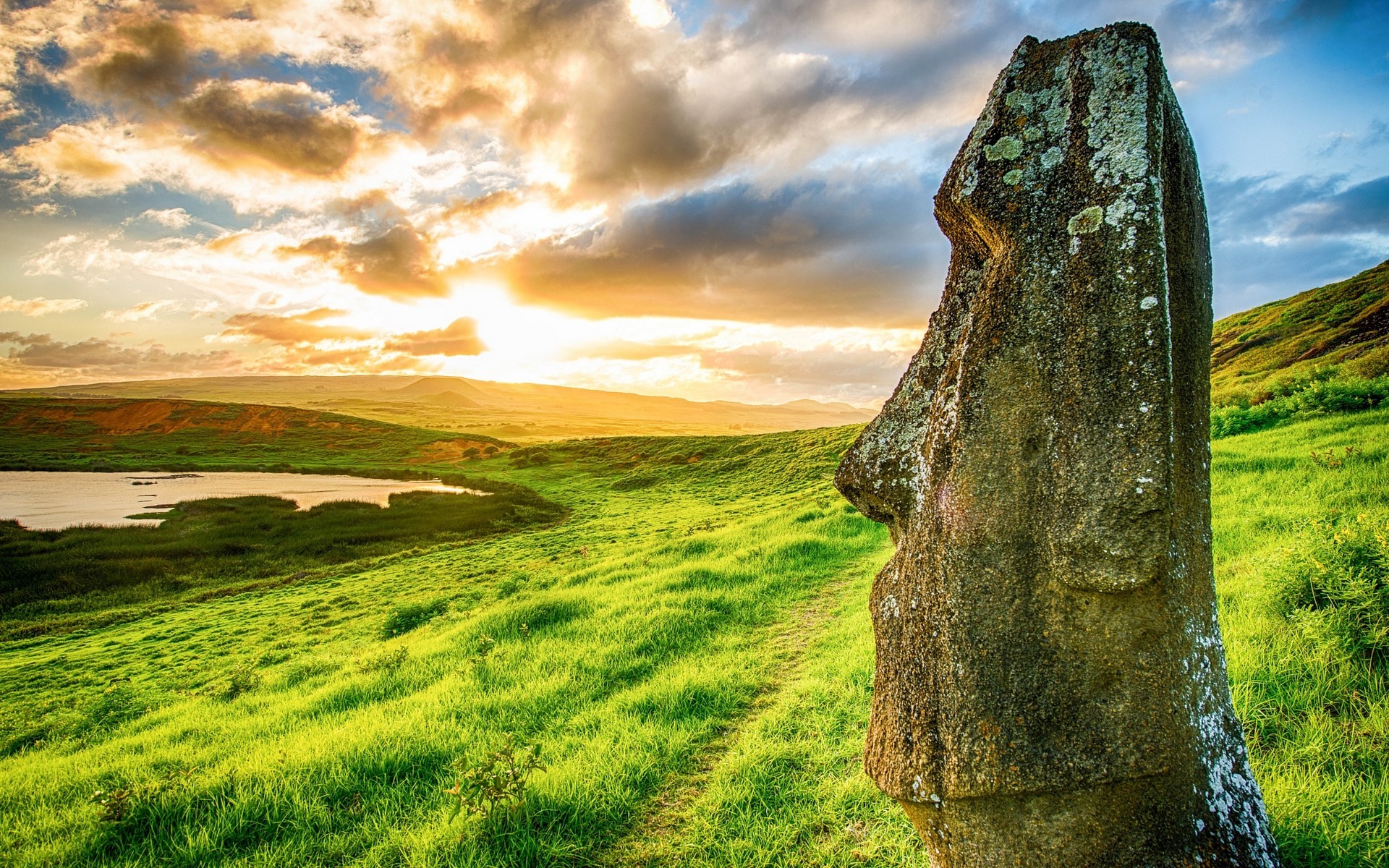 Moai statue on Easter Island at sunset HD Wallpaper