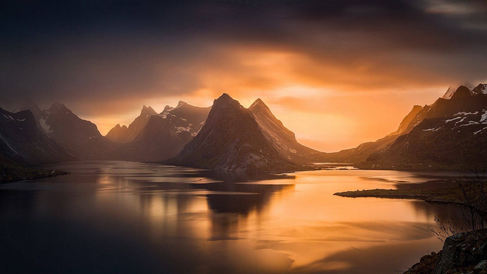 Fjord landscape with mountains at sunset in Lofoten, Norway HD Wallpaper