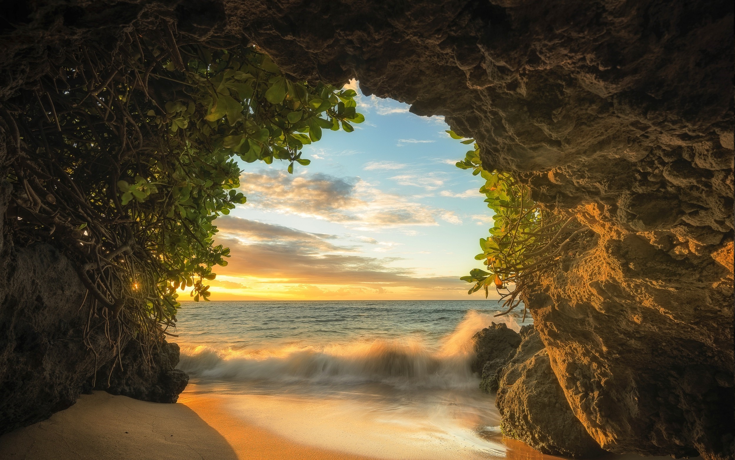 Sunset View From a Beach Cave on Maui Island HD Wallpaper