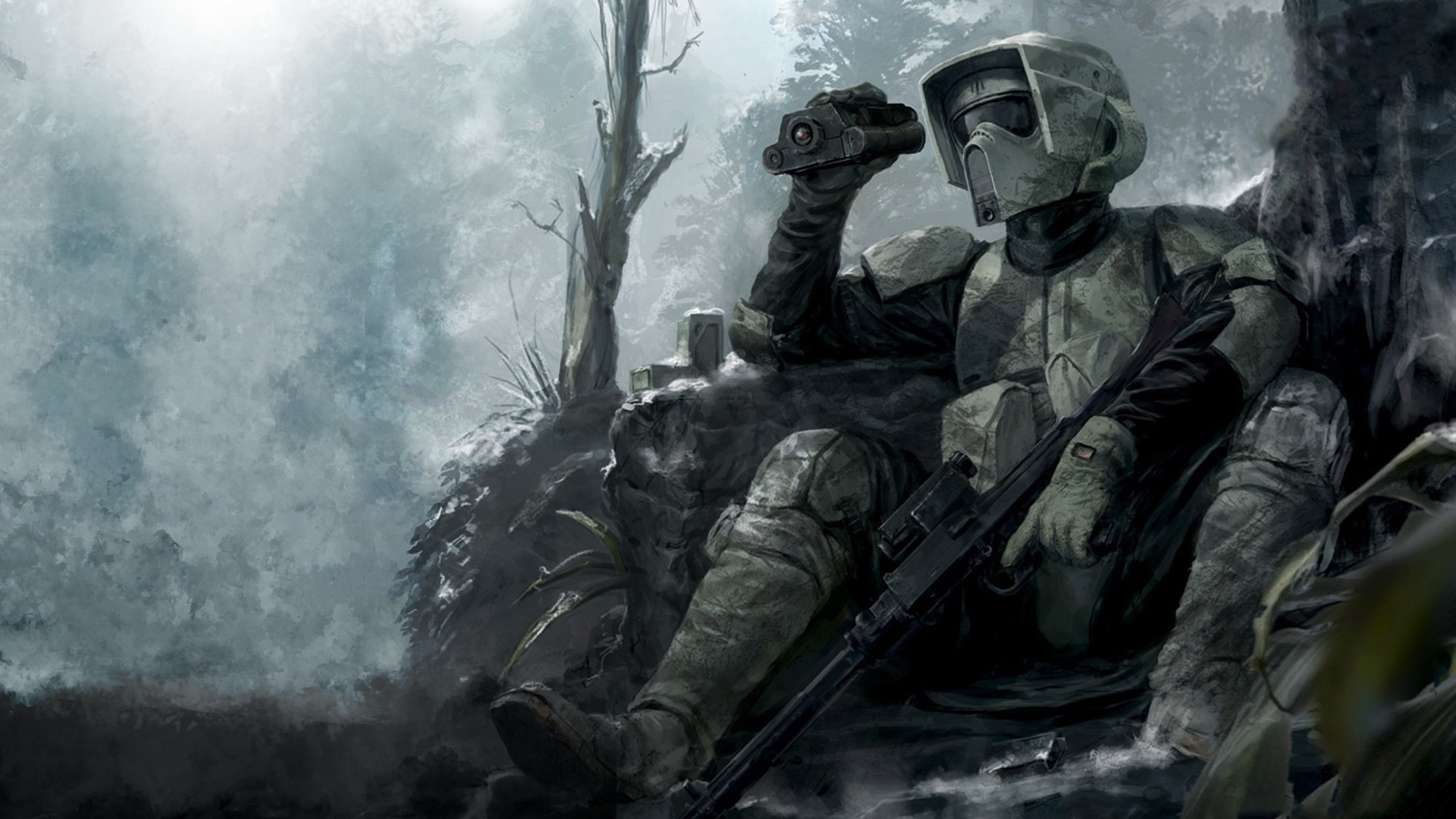 Star Wars Scout Trooper with Binoculars in Forest HD Wallpaper