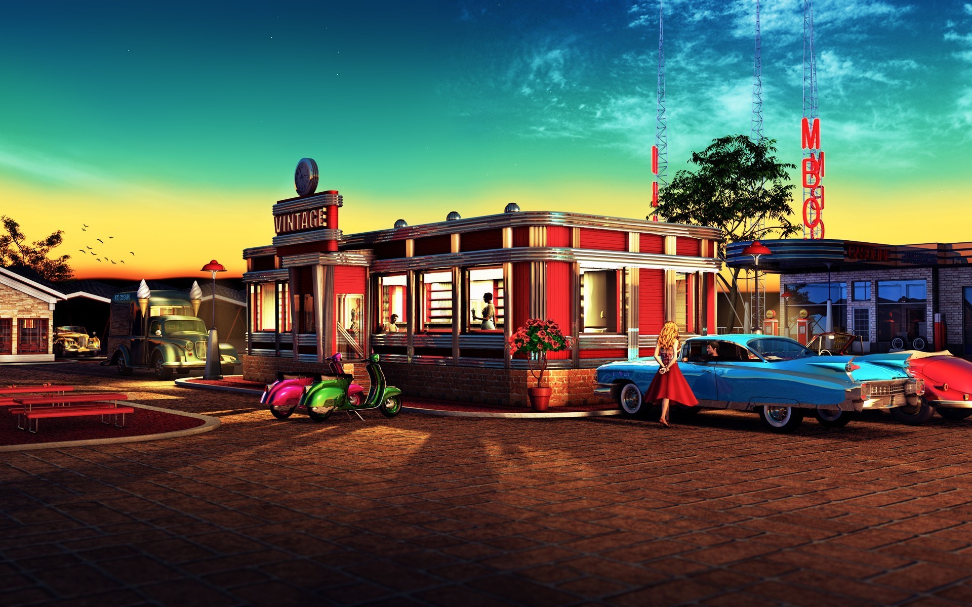 Vintage diner with classic cars and scooters at sunset HD Wallpaper