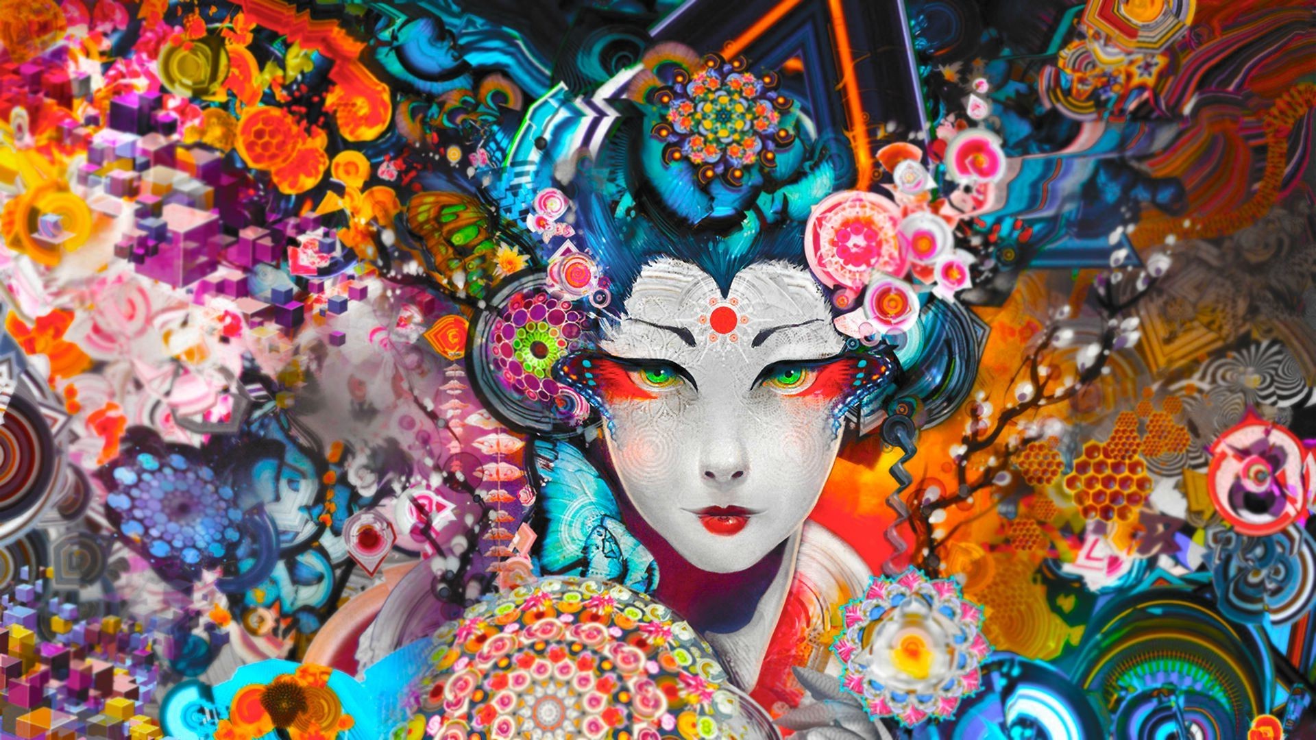 Colorful abstract geisha with intricate patterns HD Wallpaper