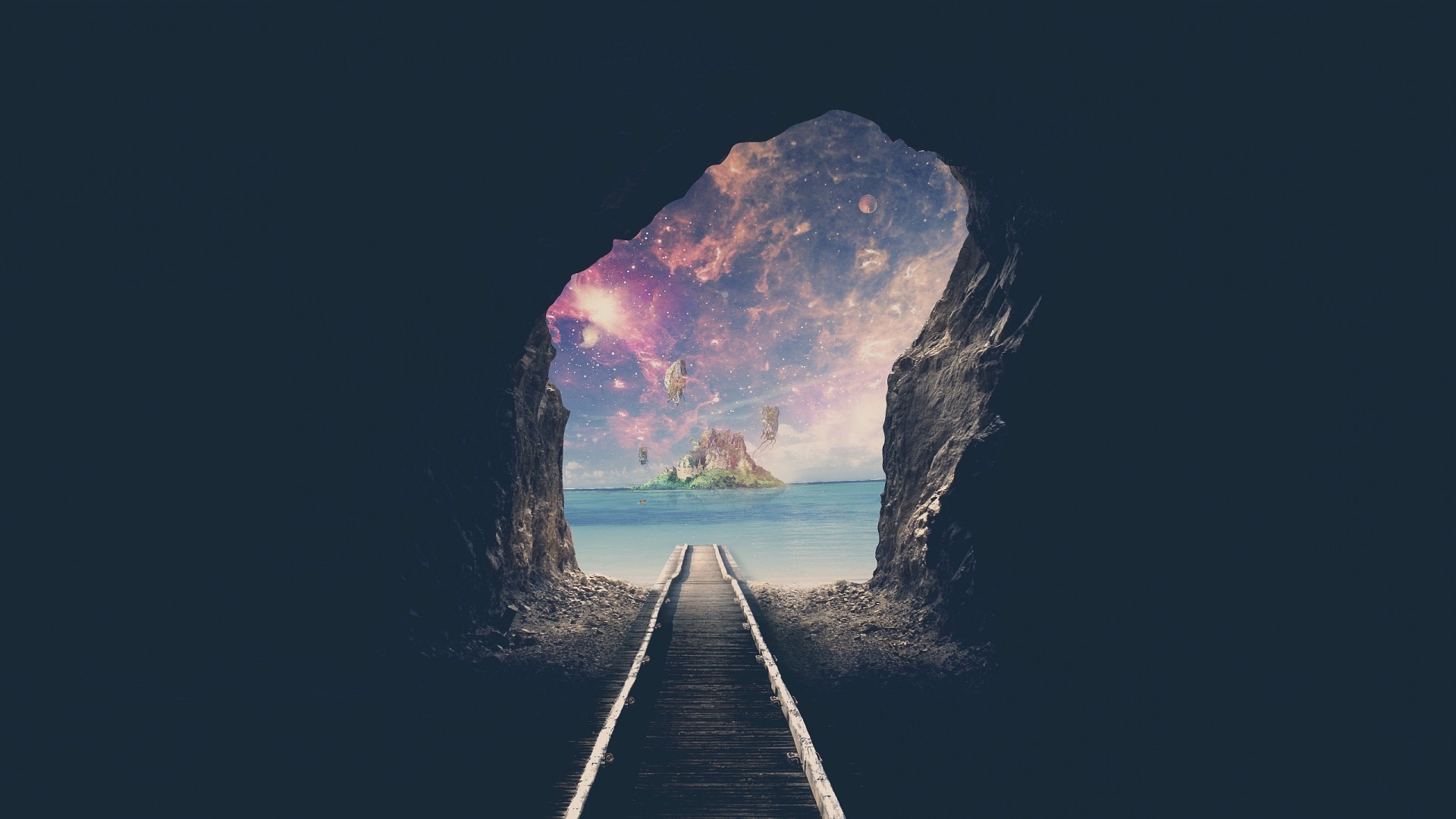 Fantasy landscape with floating islands and a pathway HD Wallpaper