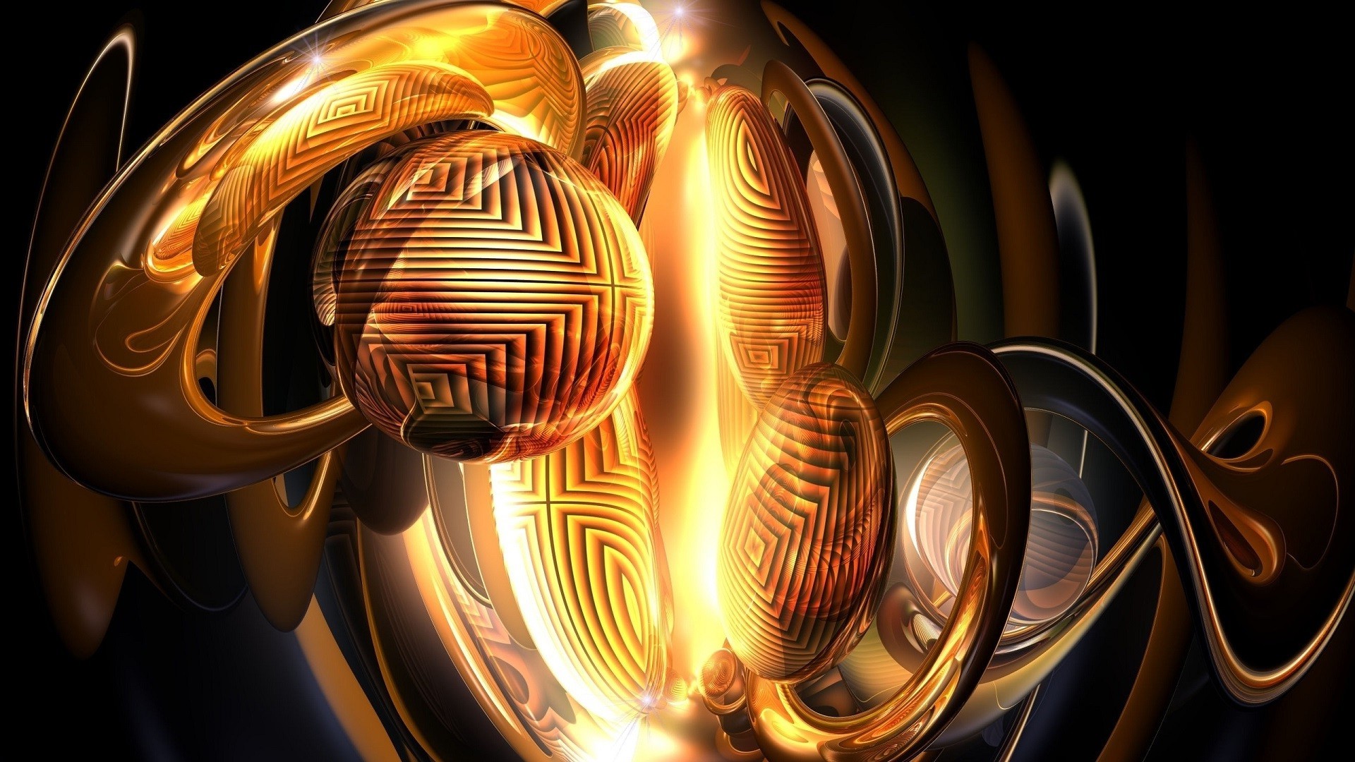 Abstract 3D render of golden spheres and rings HD Wallpaper