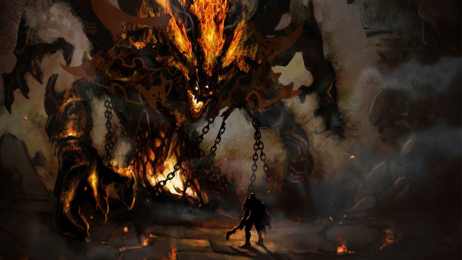 Fiery demon chained before a warrior HD Wallpaper