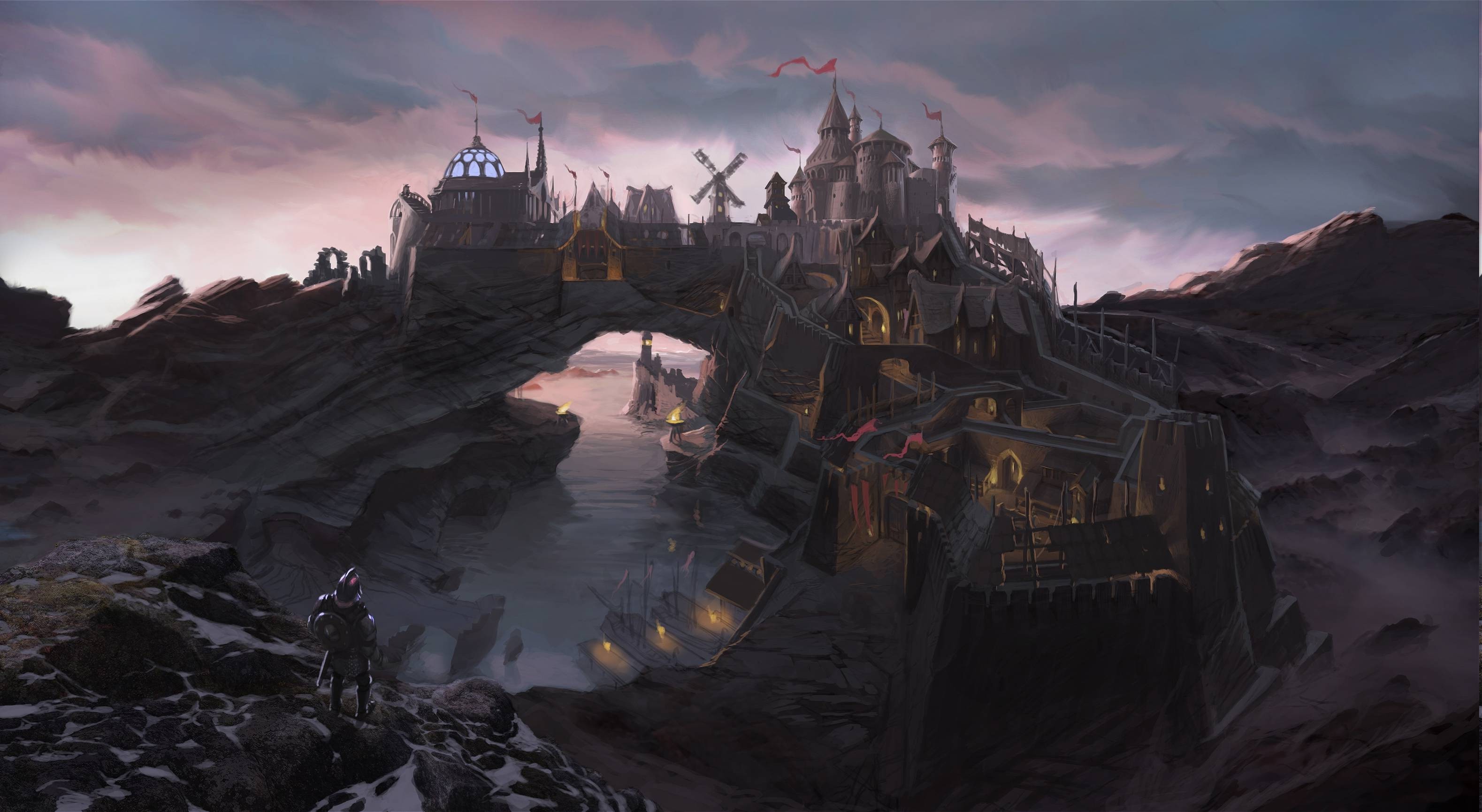 Fantasy knight overlooking a castle on a cliff HD Wallpaper