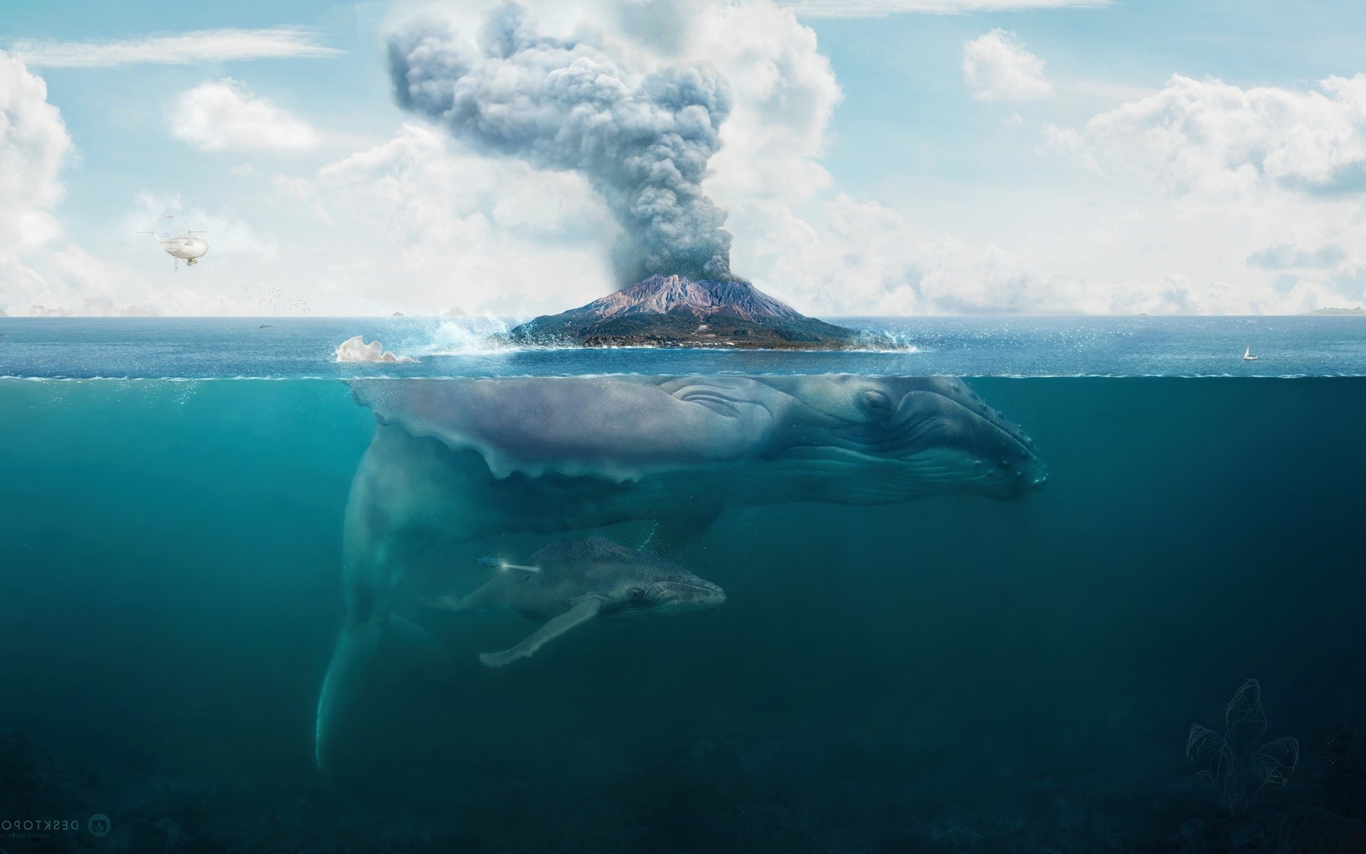 Whale and calf under a volcano island HD Wallpaper