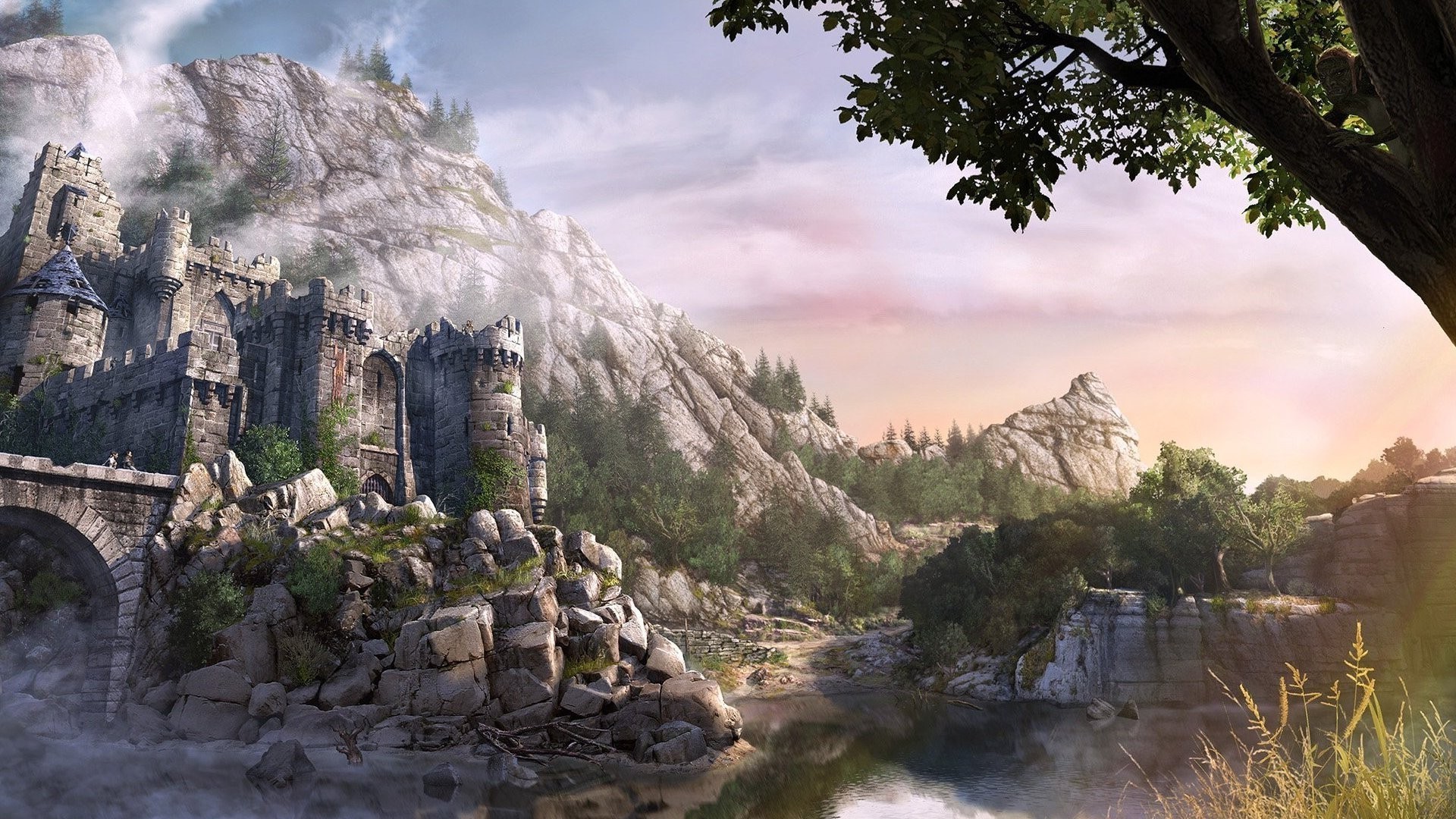 Fantasy castle on a rocky mountain by a river HD Wallpaper