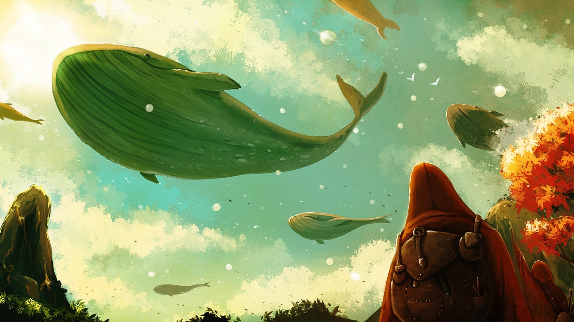 Fantasy art of whales flying in the sky HD Wallpaper