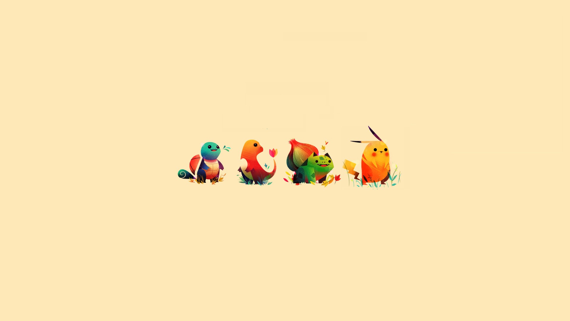 Minimalist Pokemon sketches: Squirtle, Charmander, Bulbasaur, Pikachu HD Wallpaper