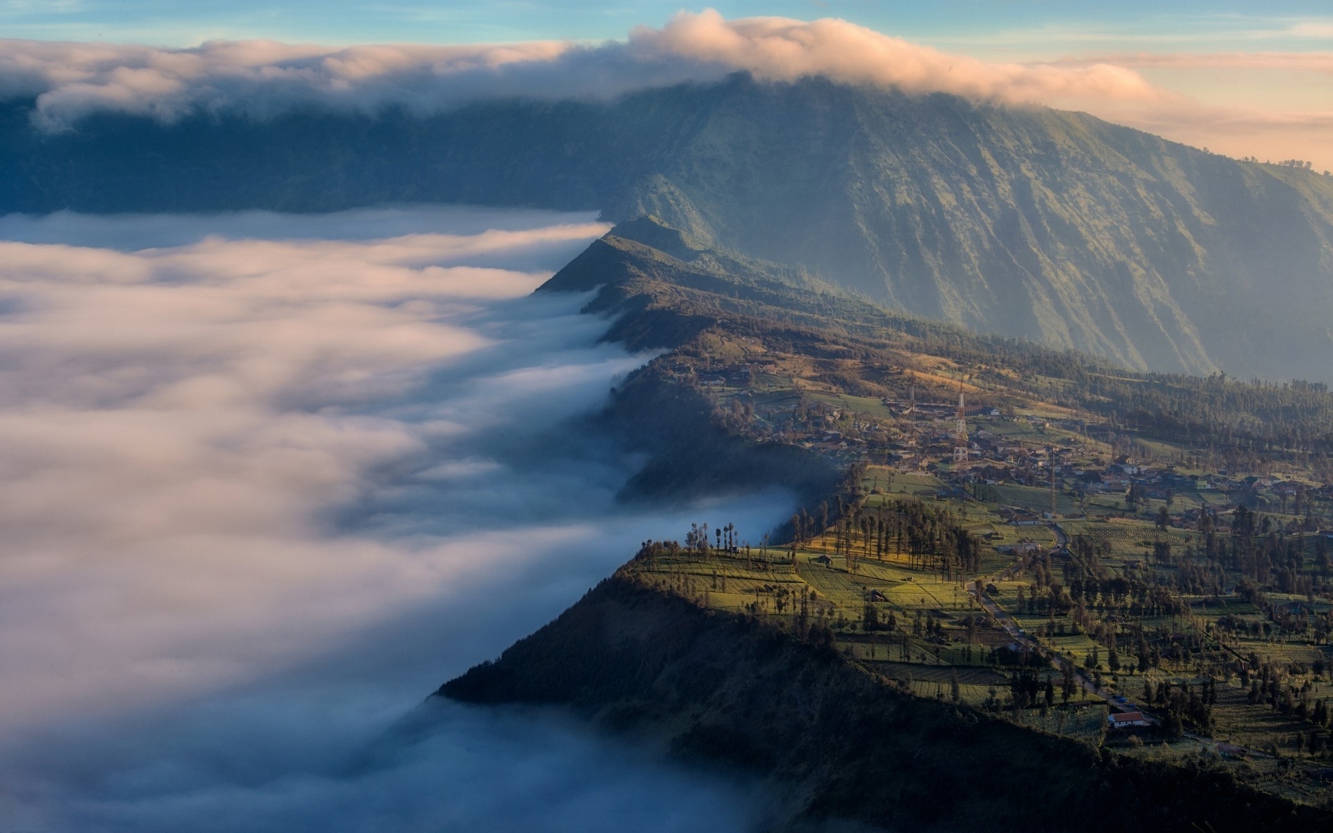 Mount Bromo Indonesia landscape with clouds at sunrise HD Wallpaper