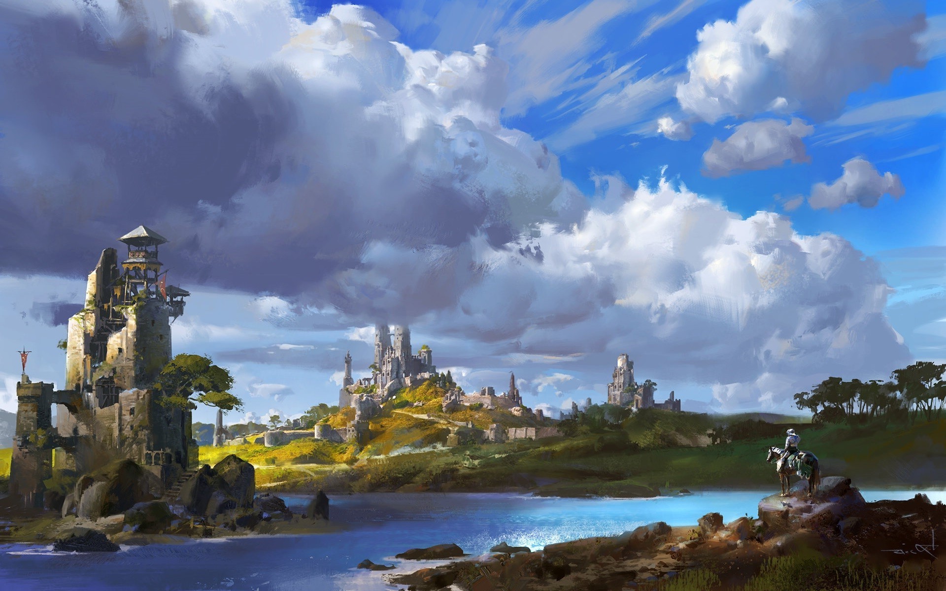 Fantasy landscape with castles and a knight on horseback HD Wallpaper
